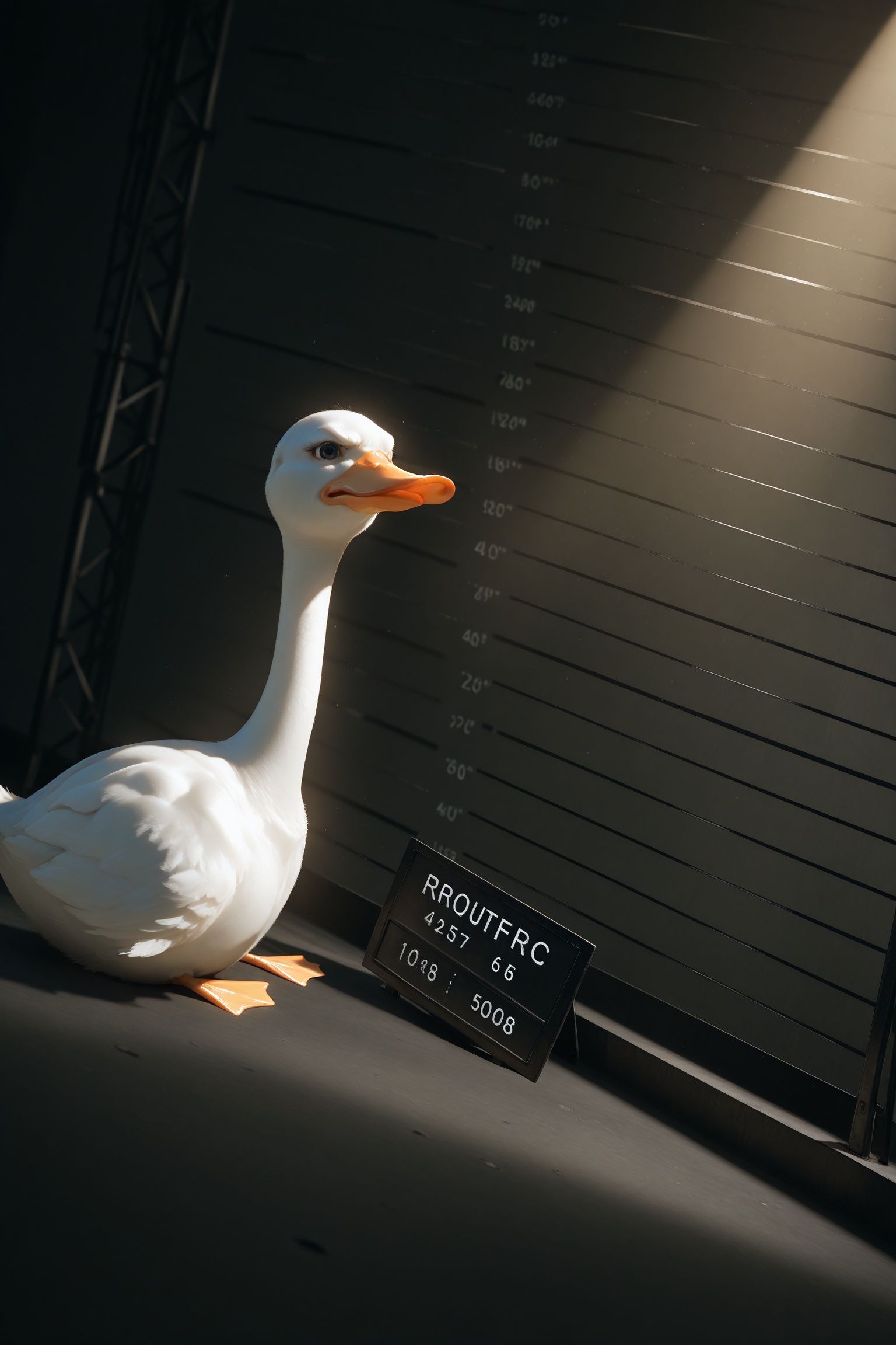 masterpiece,best quality,amazing quality,very aesthetic,absurdres,newest,extreme aesthetic,in the style of fashion photography,light particles,cinematic lighting,Visual impact,sharp focus,Emotionalization,depth of field,dutch angle,scenery,duck,grumpy,orange beak,height chart,black nameplate,mugshot,dramatic lighting,spotlight,shadows,depth of field,photo \(medium\),scenery,volumetric lighting,masterpiece,best quality,good quality,very awa,very aesthetic,absurdres,newest,opill,