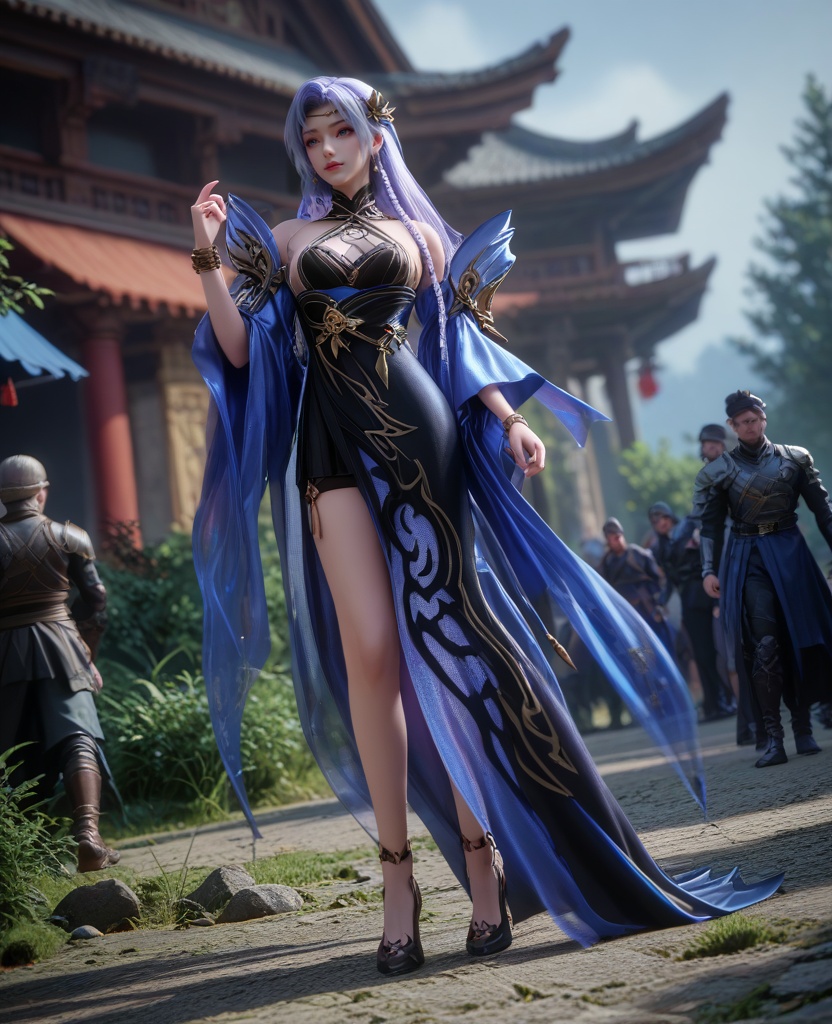 (oriental architecture, elegant decor, sophisticated style:1.1),(walking:1.1),(breasts:1.2),<lora:XL16克金玩家暗夜:0.95>,miss anye,black dress,blue eyes,lilac hair,long cascading hair with long front braid,hair ornament,blue hagoromo,black high heels,bracelet,legband,jewelry,, zPDXL2, score_9, score_8_up, score_7_up BREAK realistic, masterpiece,best quality, highly detailed,, zPDXL3, zPDXL2,zPDXL, zPDXLxxx, zPDXLrl,