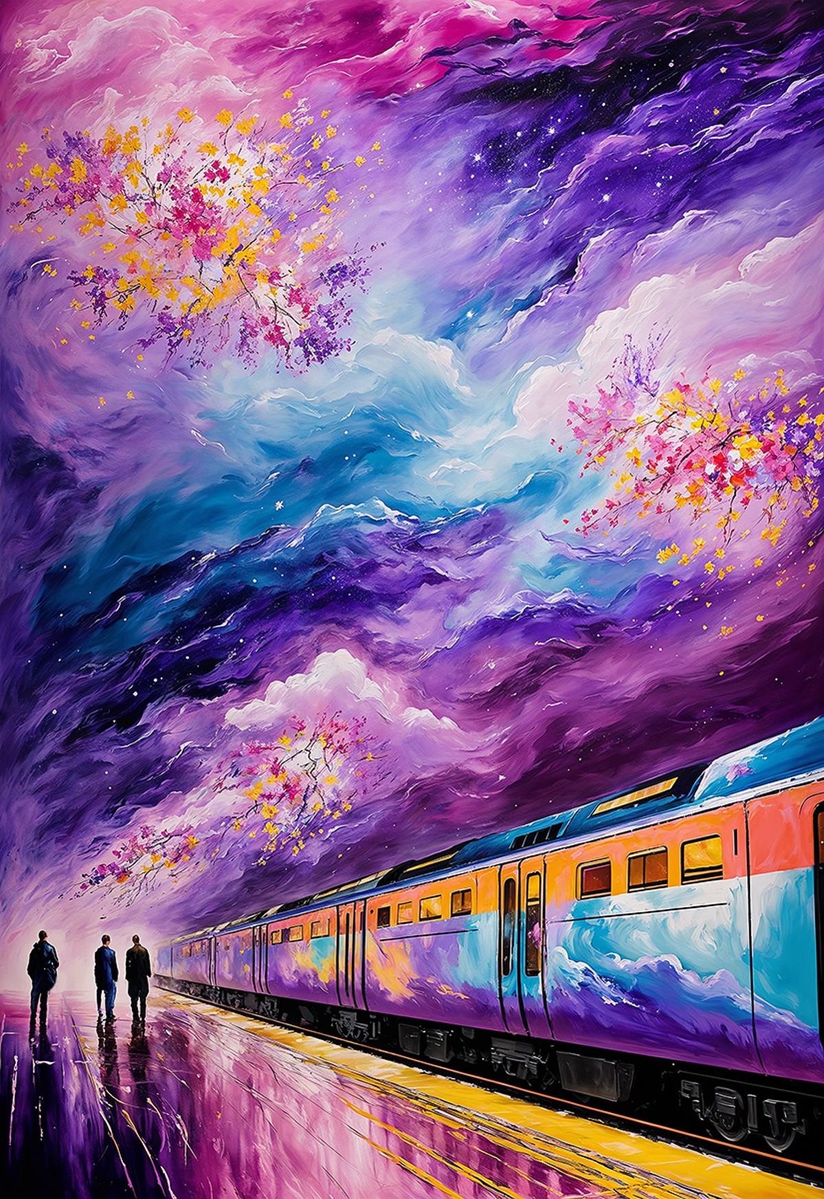 abstract expressionist painting indoor of Hyperrealistic train detailed with blooming flowers,  ethereal cloud animals wit...