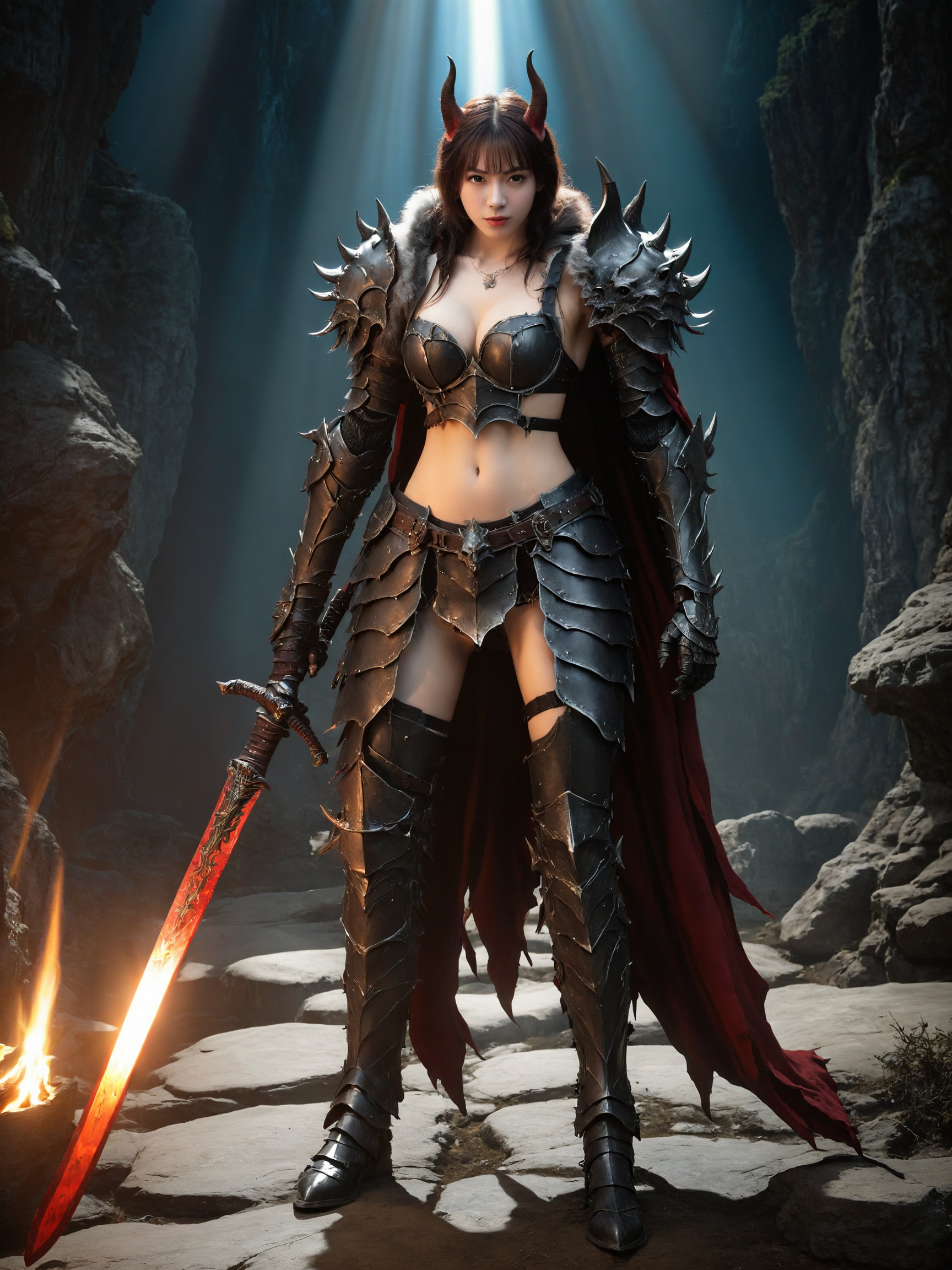 a girl standing in front of werewolf which holding a glowing sword,  full body armor,  a werewolf seems to be a representa...