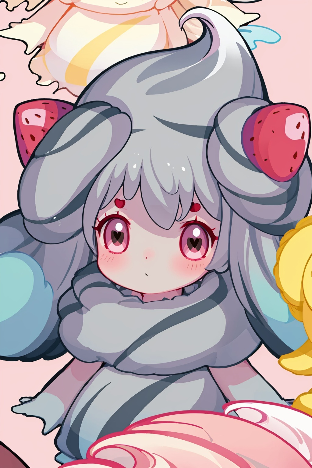 masterpiece,best quality, highly detailed, alcremie,looking at viewer,no humans,pink background,pokemon \(creature\),solo,strawberry,heart,simple background,closed mouth,<lora:alcremie:1>