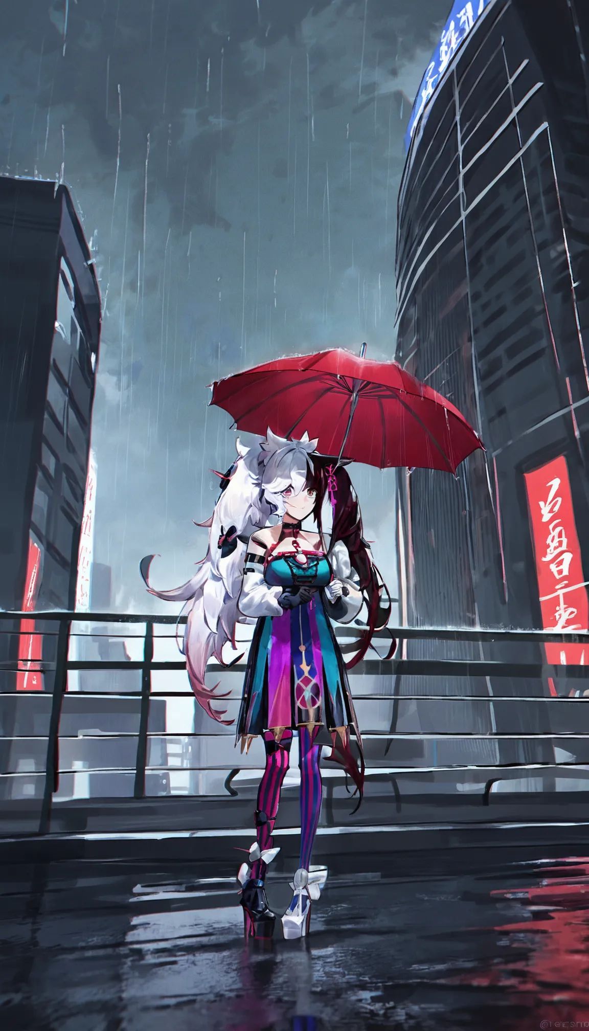 <lora:kxlE_muu-000029:1>,1girl,solo,((muu)),aya_(lezon),hyouta_(yoneya),kabedoru ,asakuraf,modare,shion_(mirudakemann),wlop,m_alexa,{{ama_mitsuki}},year 2023,,muu,(two-tone hair, split-color hair),heterochromia,twintails,dog ears,long hair,spiked choker,vertical-striped dress,bow with spikes,asymmetrical platform footwear,asymmetrical armwear,asymmetrical legwear,single striped thighhighs,aged up,large breasts, black skirt, building, outdoors, holding umbrella, white shirt, railing, collared shirt, closed mouth, pleated skirt, rain, red umbrella, long sleeves,