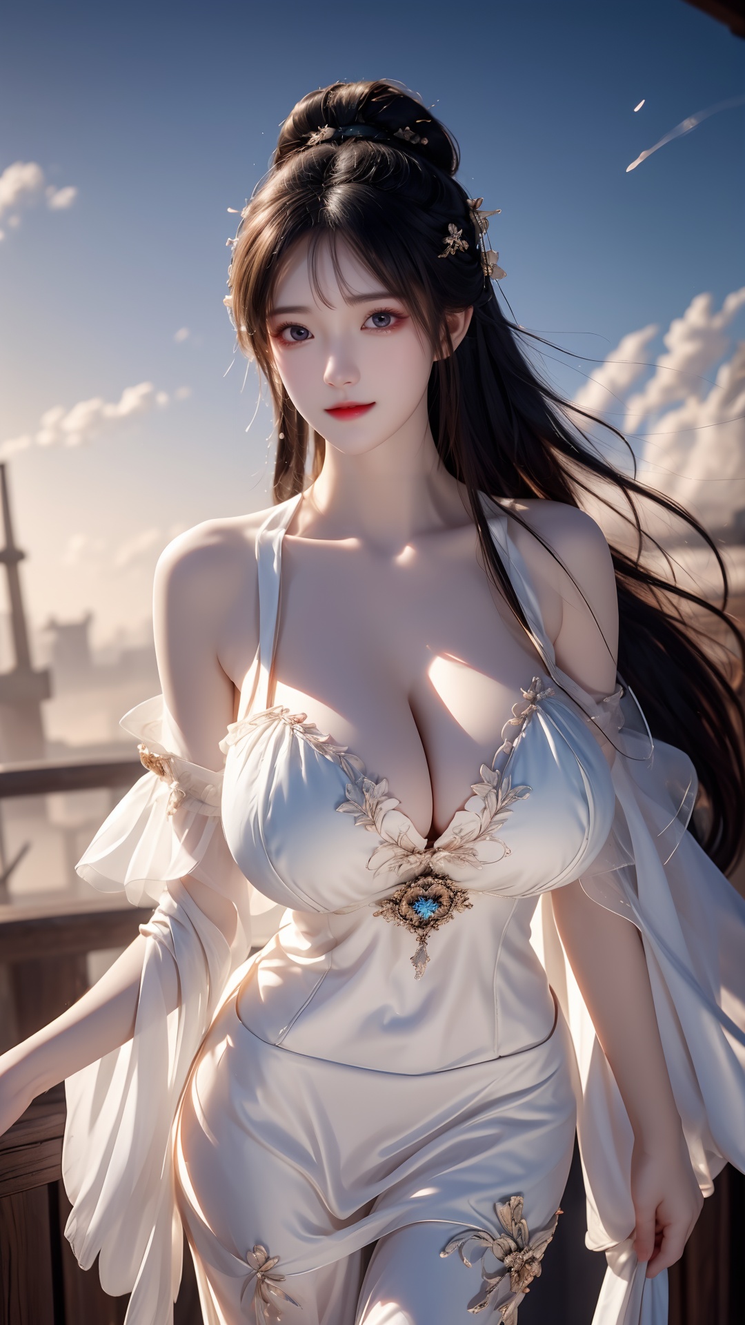white dress,standing,(transparent:1.3),(see-through:1.3),(cowboy_shot:1.3),sleeveless,bare arms,((extremely detailed CG)),((8k_wallpaper)),(masterpiece),best quality,high resolution illustration,hyperdetailed,highres,(masterpiece),top quality,best quality,official art,beauty and aesthetics,Hazy,dreamy atmosphere,Ray tracing,Gaussian blur,Halos,particle effects,cg photos,hair bun,1girl,1girl,beautiful_face,Highly detailed and beautiful eyes,(an extremely delicate and beautiful),(Beautiful and detailed facial depiction),cg,<lora:SweetSister_20231228191532-000002:0.7>,thighs,outdoors,1girl,real skin,serene harmony beautiful face,elegant figure,oriental minimali,feminine,realistic yet ethereal,cute natural,simplistic designs,RAW photo,<lora:Pure-Girl-v2:0.3>,<lora:yuzu2:0.4>,1girl,day,sky,blue sky,cloud,(gigantic breasts:1.3),