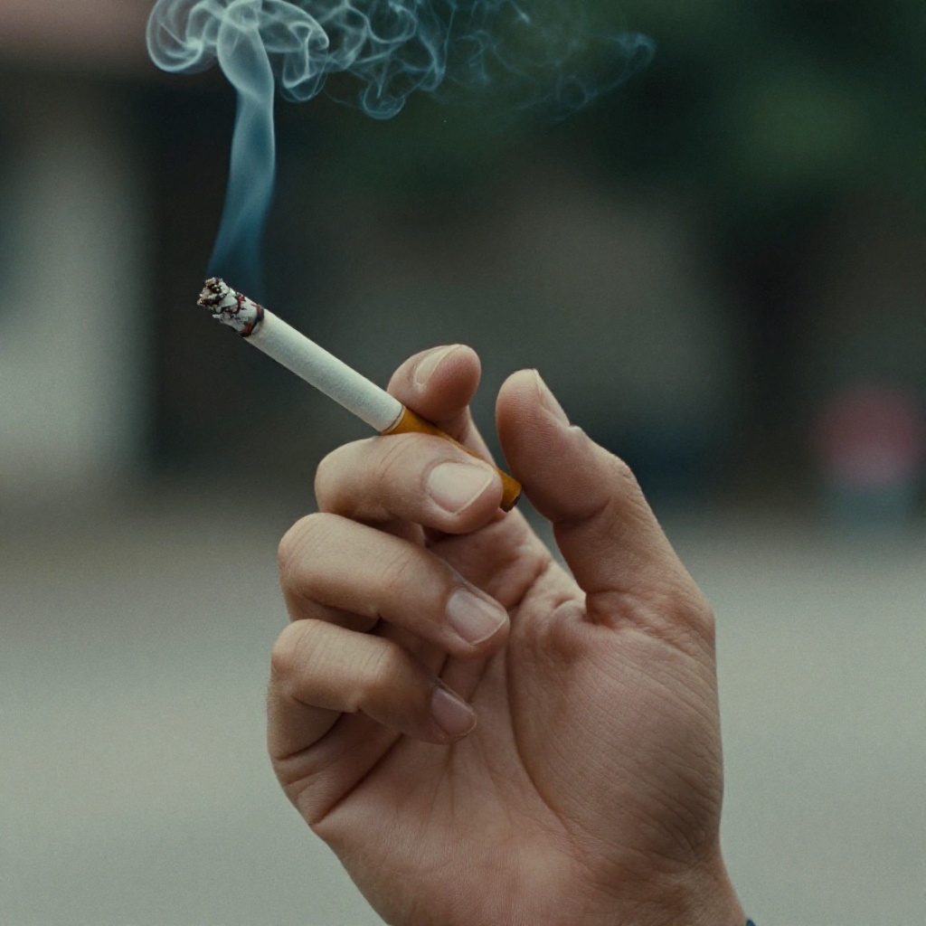 cinematic film still of Sharp detailed high quality image of a person holding a cigarette in their hand,  detailed backgro...