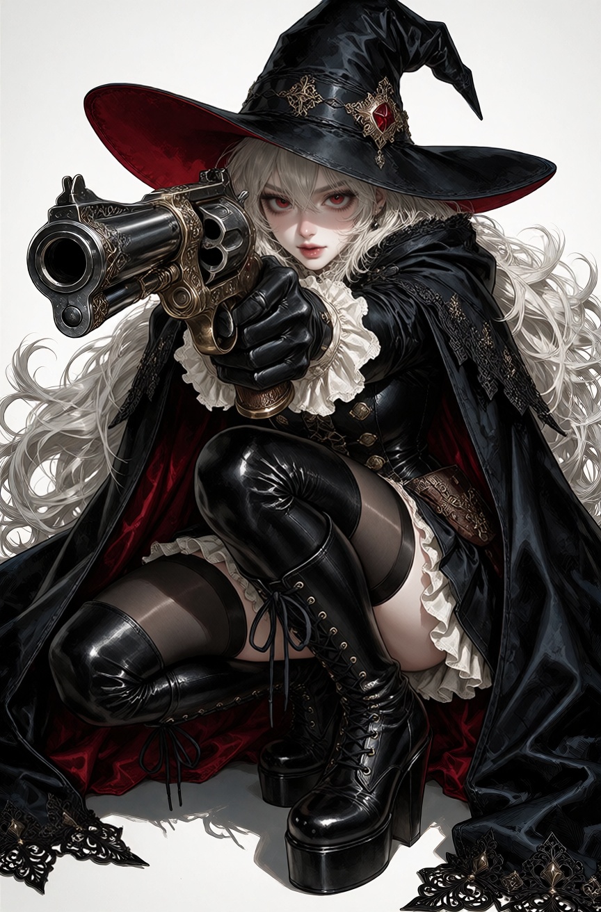 Gothic anime illustration of a pale girl in a black witch hat and ruffled black coat crouching and aiming an ornate revolv...