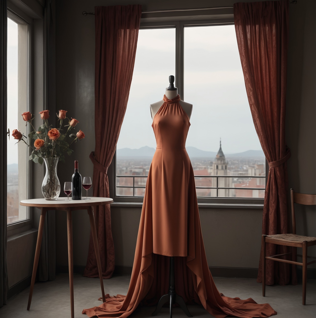 cinematic style,  realistic photo of fashion dummy dress form wearing a soft muted orange-red dress; dress form is centere...