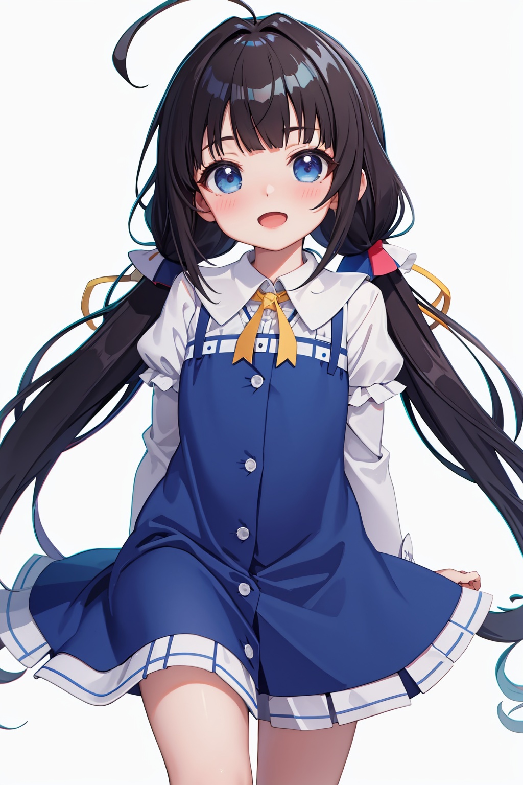 masterpiece,best quality, highly detailed, hinatsuru ai,1girl,low twintails,ahoge,solo,looking at viewer,open mouth,blue dress,loli,blush<lora:hinatsuru_ai:1>,simple background,white background