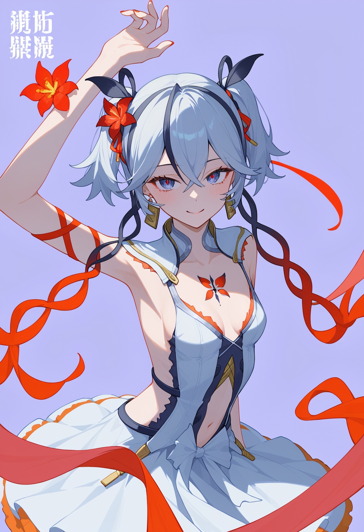 <lora:椿2pony:1>,mcchun,a girl named mcchun,1girl,looking at viewer,twintails,smile,white dress,cleavage,navel,earrings,armpits,red flower,collarbone,dress,ribbon,, (score_9,score_8_up,score_7_up),(masterpiece,best quality,high quality:1.2),absurdres, prefect lighting, very aesthetic, anime BREAK