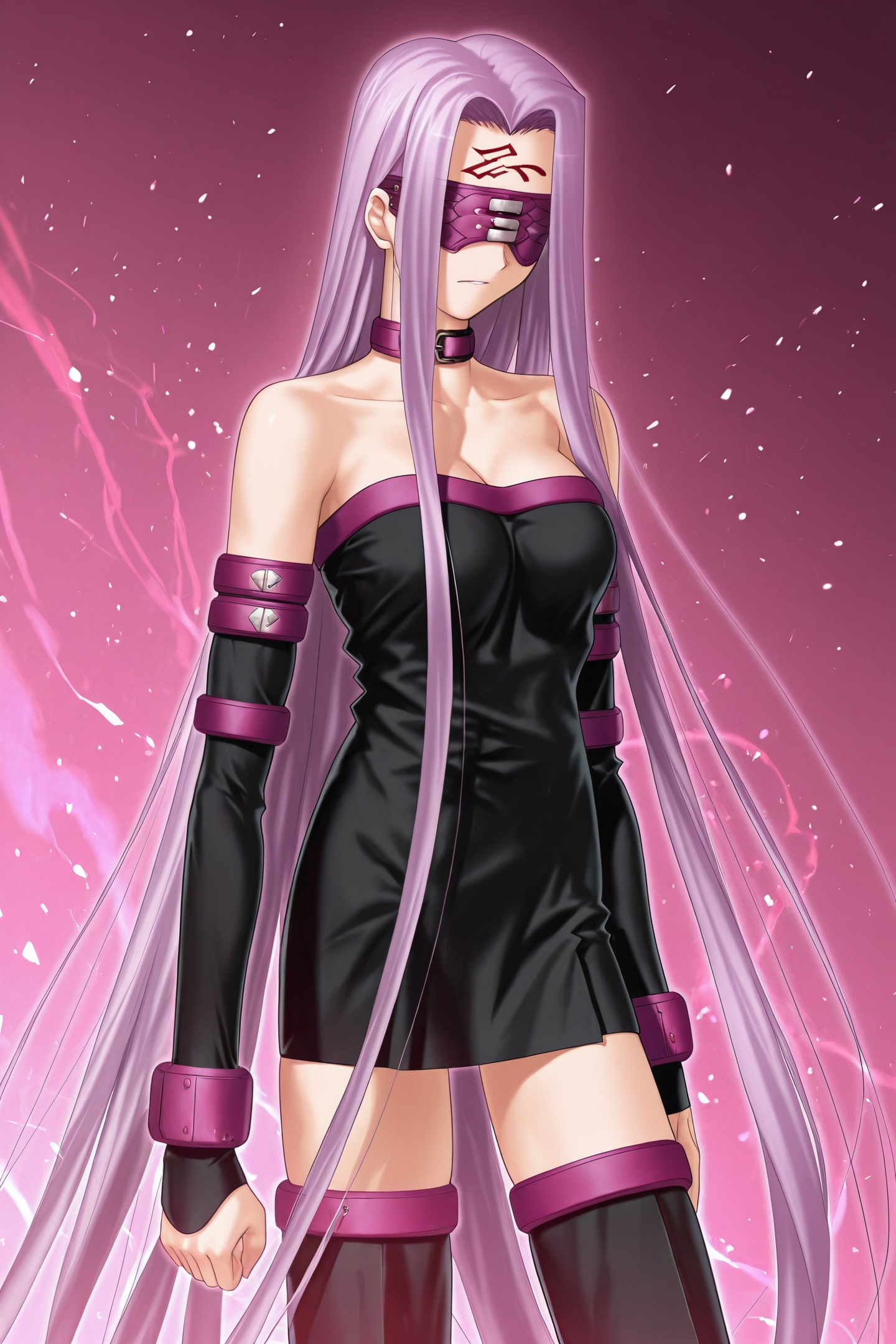 Fate stay night Style,1girl,medusa \(rider\) \(fate\),medusa \(fate\),long hair,solo,very long hair,thighhighs,purple hair,blindfold,dress,boots,detached sleeves,thigh boots,strapless dress,facial mark,strapless,bare shoulders,forehead mark,short dress,black dress,black thighhighs,zettai ryouiki,<lora:Fate stay night_illustriousXL:1>,