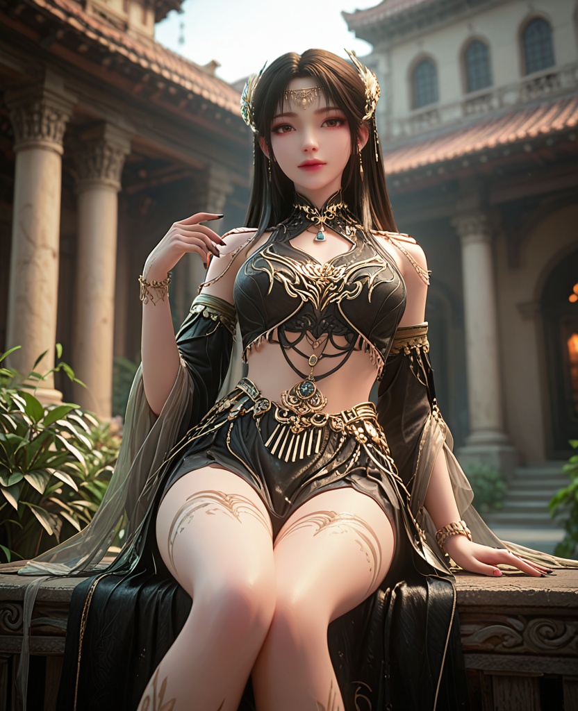 (oriental architecture, elegant decor, sophisticated style:1.1),Going on a zip-lining adventure,(breasts:1.2),<lora:XL完美世界灰烬:0.85>,miss huijin,solo,black silk corset,detached chiffon sleeves,black chiffon overskirt,brown eyes,black hair,long hair,circlet,head chain,jewelry,leg tattoo,lips,, zPDXL2, score_9, score_8_up, score_7_up BREAK realistic, masterpiece,best quality, highly detailed,, zPDXL3, zPDXL2,zPDXL, zPDXLxxx, zPDXLrl,