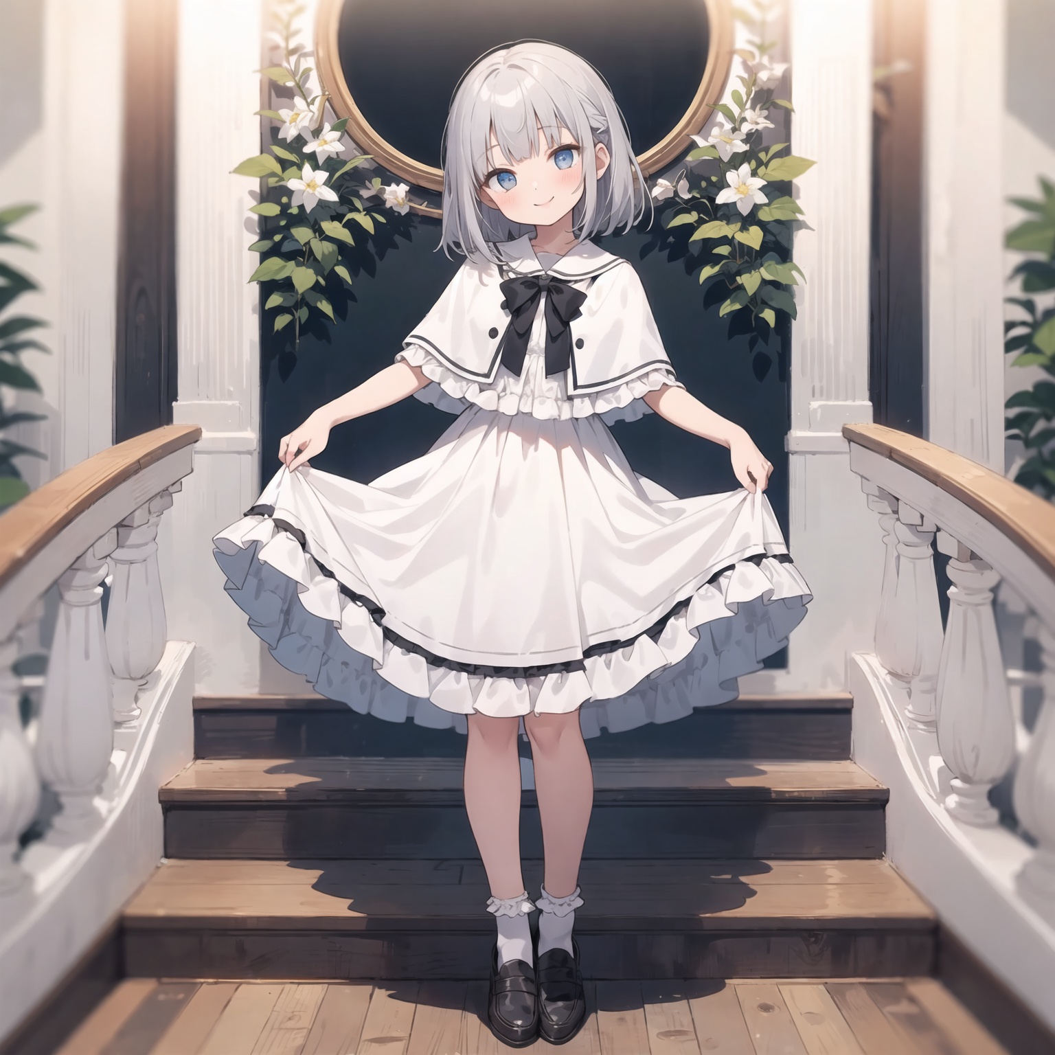 full body,  frills white dress,  white capelet on Tensor.Art