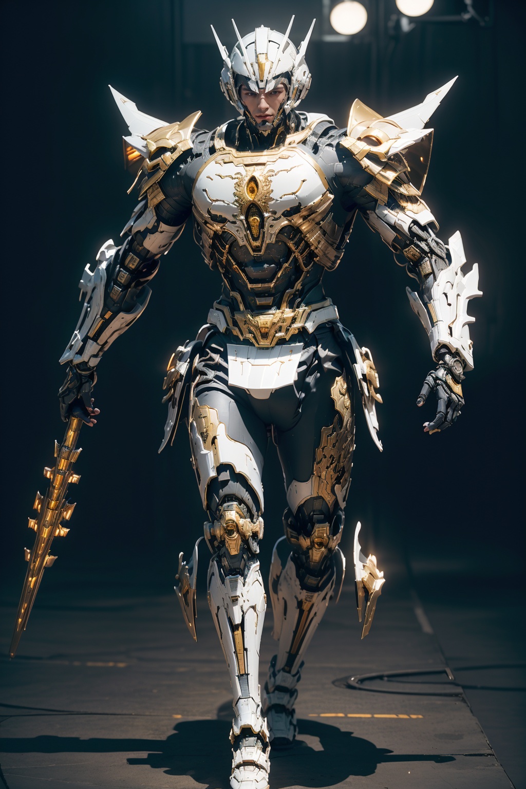 hjyjiazhourbt,mecha,walking,glowing body border,(white round  sleek smooth  spaceship background:1.1),biomechanical,(looking at viewer),dynamic pose,dynamic angle,(chinese armor:1.4),gold. hi - tech synthetic bio ethereal metal and black titanium material,masterpiece,best quality,(highly detailed),1boy,gold hair,(full body:1.3),day light,((bright light)),wide angle,sleek,studio light,<lora:hjyjiazhouRBTcropface-000002:0.8>,