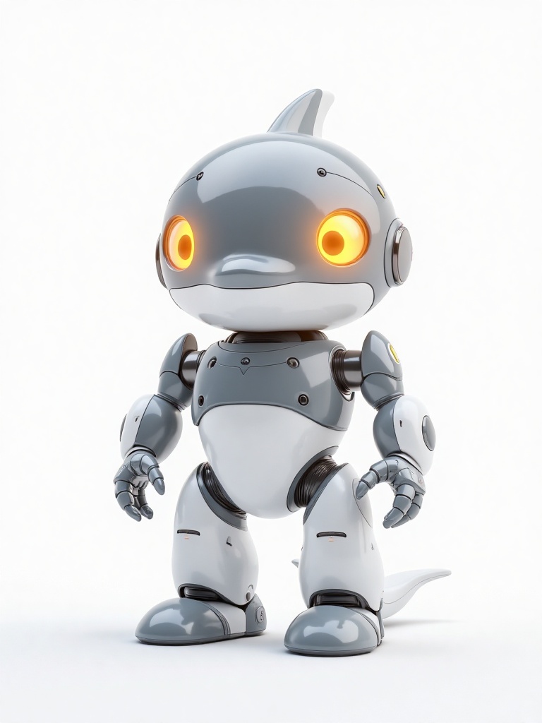 HIRO,A highly detailed CGI rendering of a cute, anthropomorphic dolphin robot with large, glowing orange eyes, gray - white body, and sleek, futuristic design. The robot has a small, rounded head with dolphin - fin - **** "ears", and a smiling expression. It stands against a plain white background, showcasing its advanced, mechanical limbs and joints.