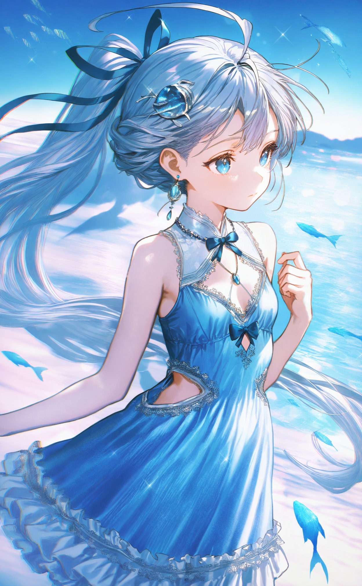 masterpiece,absurdres,best quality,loli,petite,high quality,chromatic_aberration,//,1girl, dress, solo, blue_eyes, sleeveless, jewelry, earrings, chromatic_aberration, sleeveless_dress, ponytail, ribbon, white_dress, sky, blue_ribbon, fish, blue_theme, hair_ornament, long_hair, closed_mouth, blue_sky, outdoors, blue_bow, bare_shoulders, bow, grey_hair, cowboy_shot, sparkle, day, flying_fish, expressionless, floating_hair, blue_hair, looking_to_the_side, bare_arms, hair_ribbon, blue_dress, breasts, frills, necklace, ocean, standing, hand_up, small_breasts, eyelashes, clothing_cutout, frilled_dress, ahoge, blue_gemstone, tropical_fish//,Depth of field,(colorful),hdr,Tyndall effect,depth of field,Tyndall Effect,blurry,blurry_background,depth_of_field,bokeh,glowing,//,<lora:ssxd2——【noob】hans:1>,
