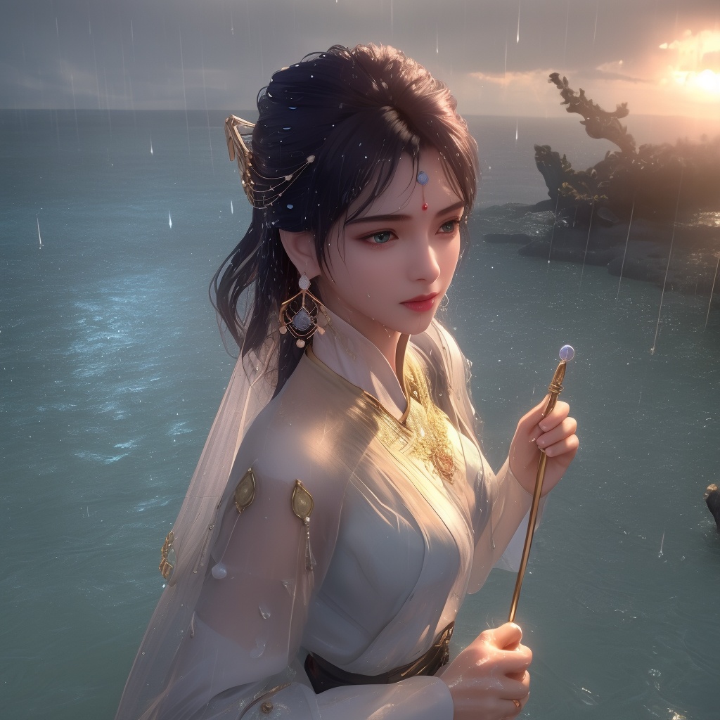 <lora:眷思量-须灵犀-V2:0.8>, (,1girl, ,best quality, ),looking at viewer, ,ultra detailed 8k cg, ultra detailed background, ultra realistic 8k cg,  ,masterpiece((((1girl, solo,  , ,solo focus, wet,sweat, ocean,rain, water drop, )))) (, , sweatdrop, flying sweatdrops, sweating profusely,colorful drop \(module\), )   clean, masterpiece,     cinematic lighting, cinematic bloom,   , unreal, science fiction, luxury, jewelry, diamond, gold, pearl, gem, sapphire, ruby, emerald, intricate detail, delicate pattern, charming, alluring, seductive, erotic, enchanting, hair ornament, necklace, earrings, bracelet, armlet,halo,