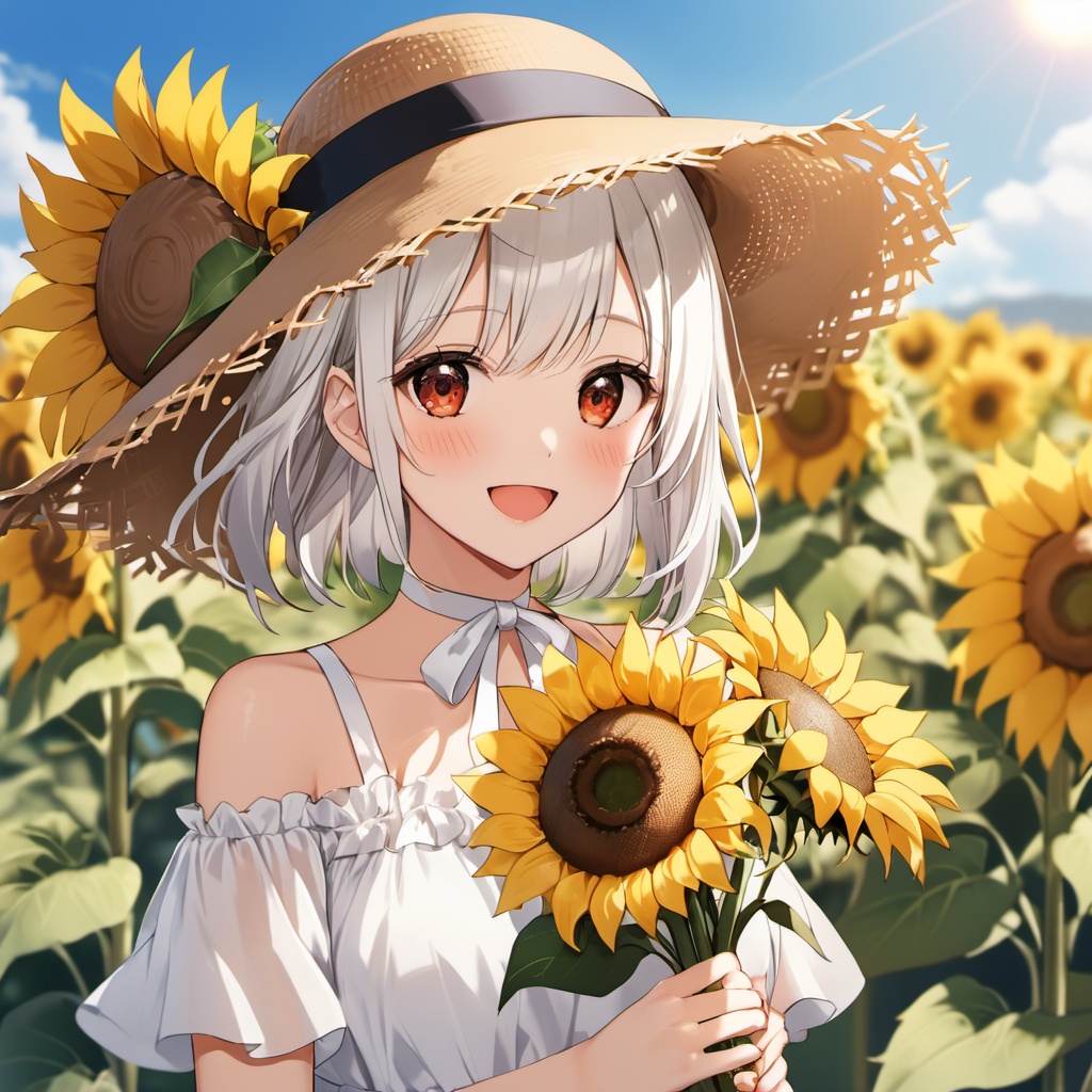 1girl,sunflower,flower,solo,hat,long white hair,braid,dress,smile,open mouth,looking at viewer,holding,white dress,short sleeves,straw hat,collarbone,:d,outdoors,blurry,bangs,bare shoulders,yellow flower,ribbon,petals,upper body,red eyes,blurry background,holding flower,sun hat,off shoulder,puffy short sleeves,brown headwear,ribbon choker,blush,puffy sleeves,choker,hat flower,frills,day,depth of field,off-shoulder dress,white ribbon,single braid",