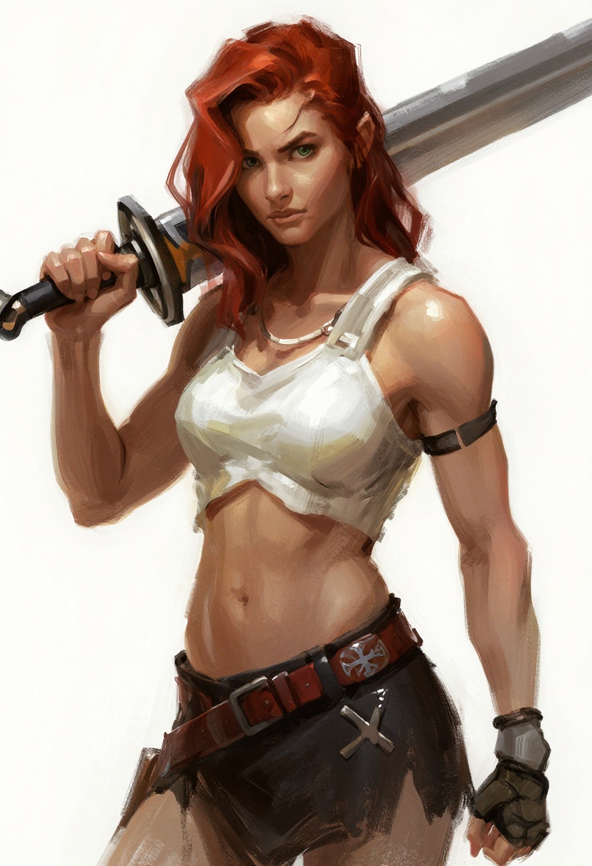A muscular,  red-haired woman with wavy hair,  wearing a white on Tensor.Art
