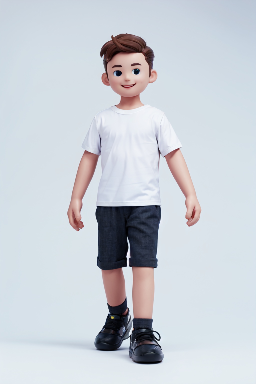 Best quality,masterpiece,ultra high res,yuan_3D_character,1boy,male focus,solo,brown hair,smile,full body,shorts,shoes,(white background:1.5),<lora:3D_character_v1.0:0.8>,