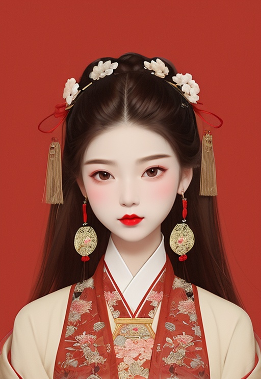 Chinese painting, 1girl, solo, jewelry, hair ornament, earrings, branch, flower, upper body, red lips, closed mouth, brown hair, brown background, red ribbon, <lora:Chinese painting_V10:0.9>, 