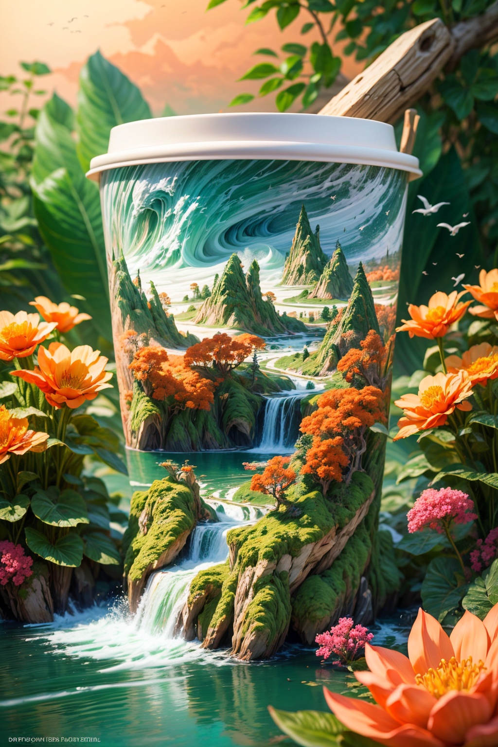 (masterpiece, high quality, best quality, official art: 1.2), a paper cup surrounded by lights and many plants points to the forest at night, the visual center has a close-up of red flowers, surreal style, neon lights, birds and flowers, surreal water, mysterious jungle, light red and green, huge scale, style vibrant fantasy landscape, surreal water, flora and fauna accurate, immersive, vibrant and bold, precise and sharp, colorful fantasy reality style, advertising poster, surrealist fantasy style, cream organic fluid, ray tracing, foreground occlusion, realistic light depiction, natural light, OC rendering, studio lighting