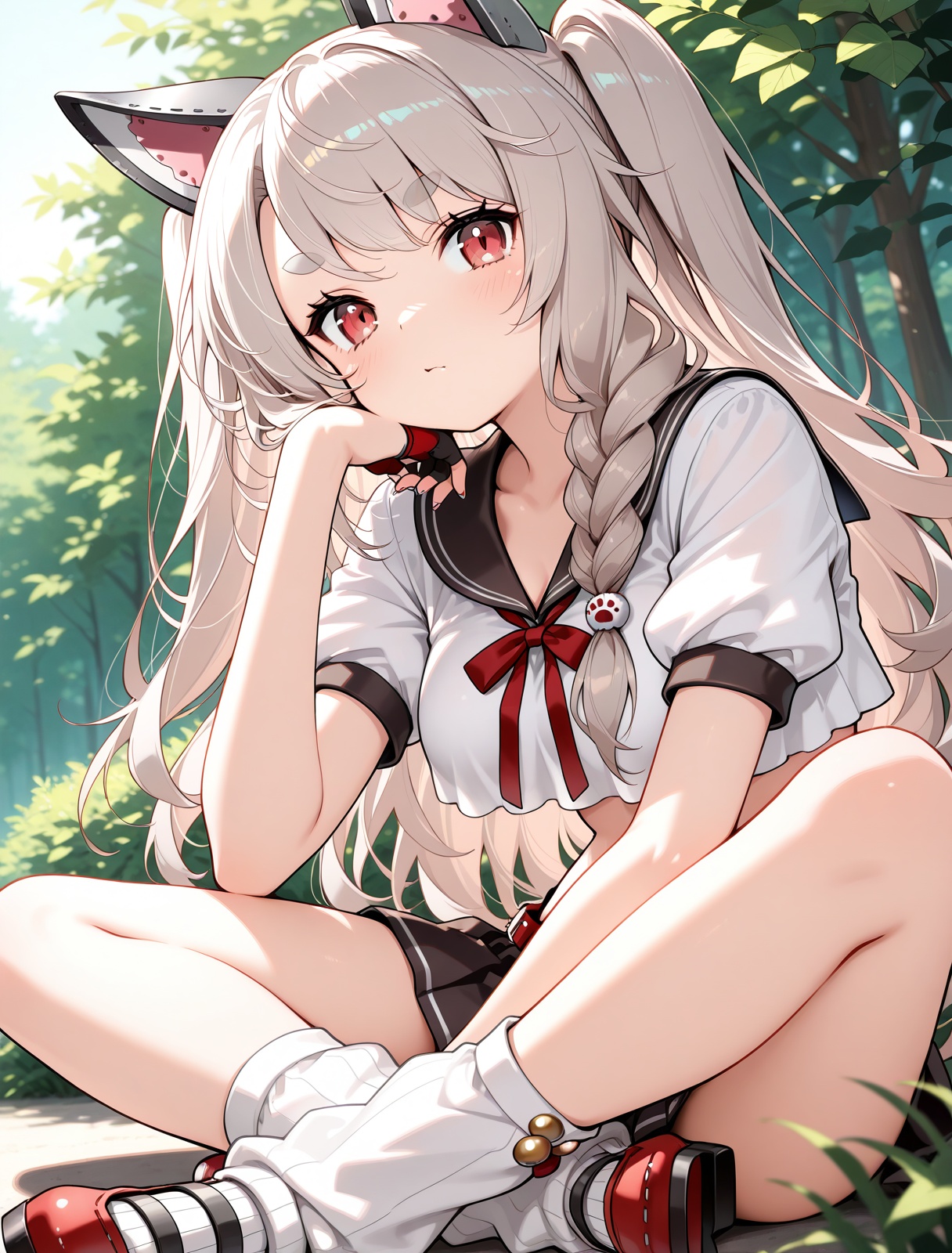 <lora:yuudachi_IL_v1.0:1>,yuudachi \(azur lane\),indian style,(head rest:0.7),elbow on leg,outdoors,, masterpiece,best quality,