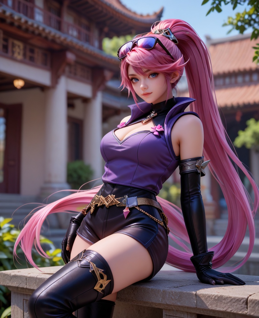 (oriental architecture, elegant decor, sophisticated style:1.1),(crossed ankles:1.1),(large breasts:1.2),<lora:XL16王者荣耀孙尚香杀手不太冷:0.95>,miss sunshangxiang,violet vest,black shorts,blue eyes,ponytail,violet dip-dye for pink hair,absurdly long hair,eyewear on head,black elbow gloves,black thigh boots,belt,medium breasts,, score_9,score_8_up,score_7_up,score_6_up,score_5_up,score_4_up,3d rendering,tag1,tag2, Cinematic Lighting,backlighting,, zPDXL3, zPDXL2,zPDXL, zPDXLxxx, zPDXLrl,