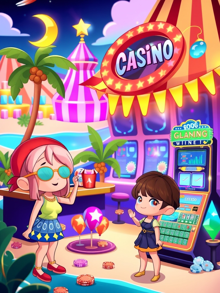 style_mix,  Chibi characters enjoying a magical casino on a tropical island,  with bright neon lights on Tensor.Art