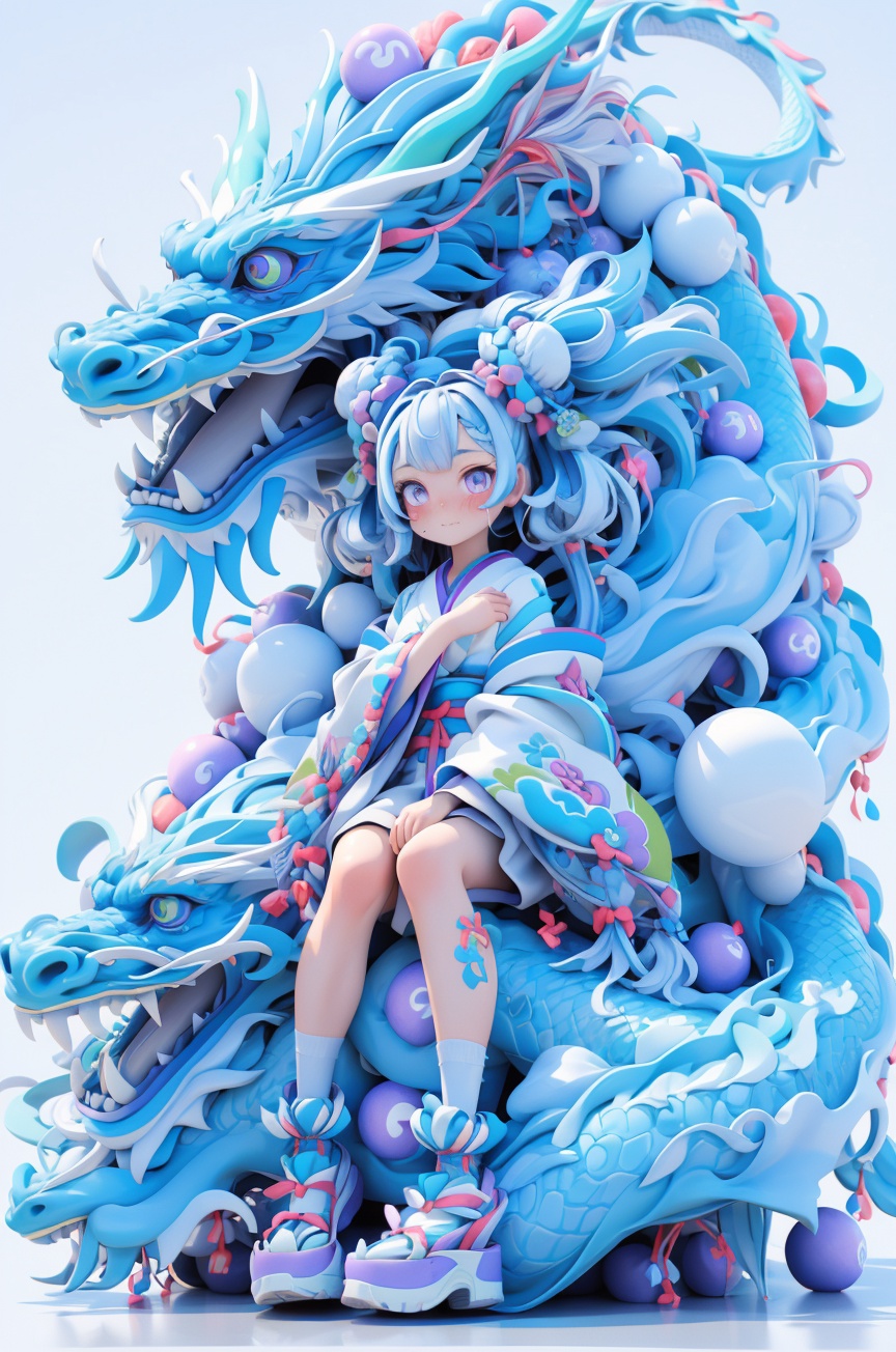 1girl, double bun, sitting, blue hair, dragon, oriental dragon, wide sleeves, kimono, blue kimono, bun, socks, long sleeves, facial note, scrunchie, solo, shoes, blush, shorts, shut up , white background, looking at viewer, purple eyes, white socks, bangs, blue theme, blue dragon