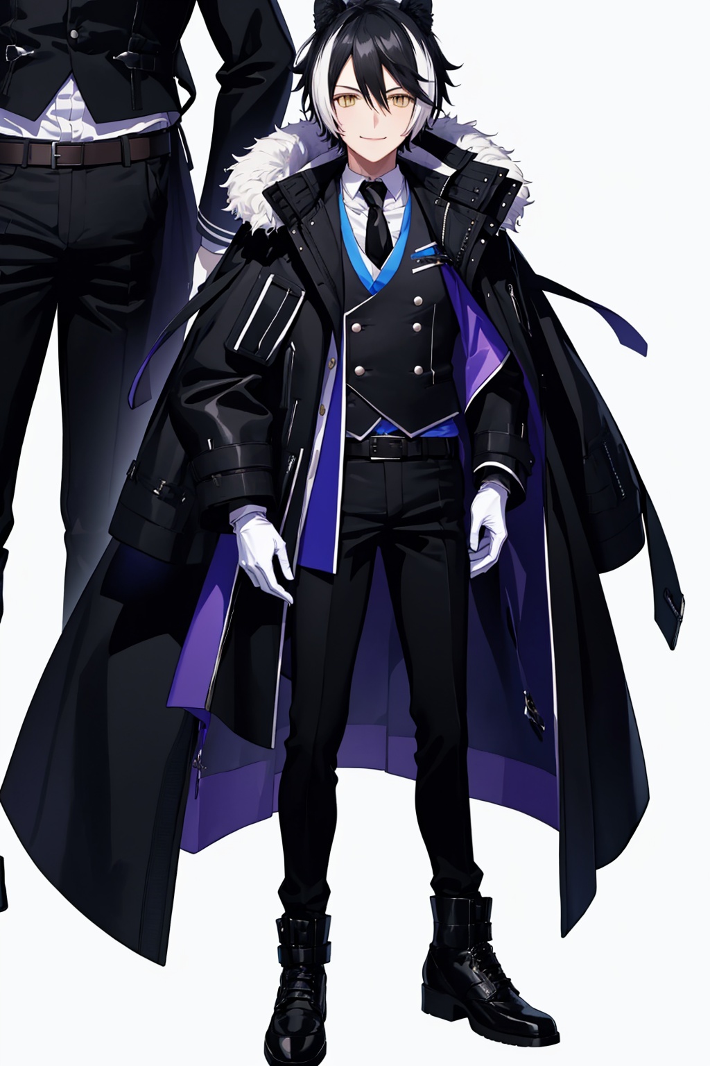 masterpiece,best quality, highly detailed, 1boy,black footwear,black pants,black vest,full body,fur-trimmed coat,kageyama shien,looking at viewer,male focus,open coat,standing,stole,virtual youtuber,white necktie,belt buckle,black coat,black gloves,black shirt,collared shirt,half gloves,solo,double-breasted,shoes,simple background,white background,belt,smile,<lora:kageyama_shien:1>