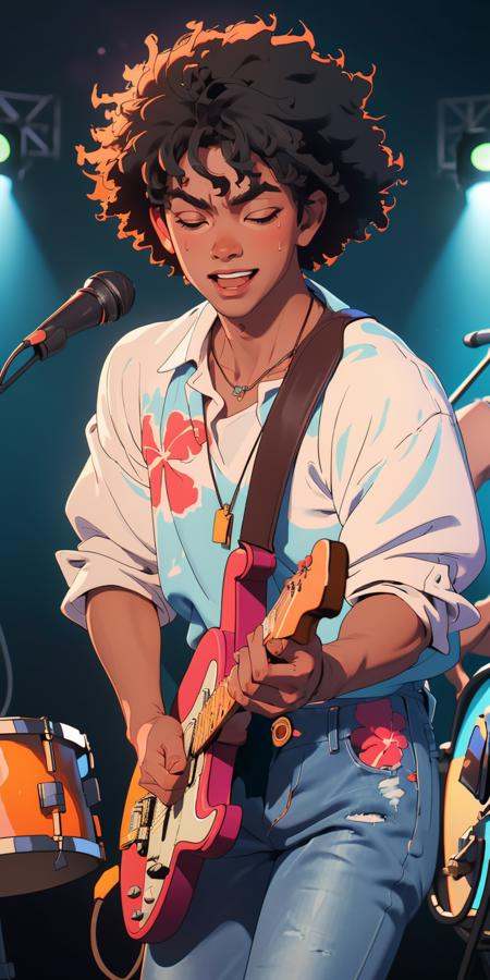 (masterpiece, best quality), 1boy, afro, (((dark skin))), playing guitar, concert, upper body, sweat, stage lights, oversized hawaiian shirt, ((intricate, print, pattern)), happy, necklace, ((bokeh)), jeans, drummer, dynamic pose