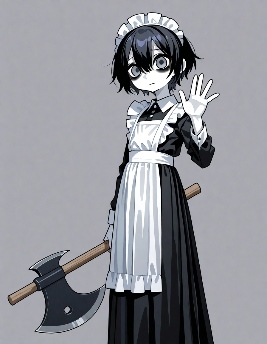 Highest image quality、Highest image quality、high resolution、32k、anatomically correct depiction、 Outstanding Digital Art 、gray eyes、dark haired、Dull hair、Morbidly white skin、flat chested、slender figure、Delicate Body、petite body、Girl、shortcut hair、Wolfcut、hanging eyes、Thick black eyeliner above and below the eyes、 looks exhausted 、Looks unhealthy、Long skirt maid clothes、Maid's Headdress、Maid with a big axe、Waving a big axe、bedroom