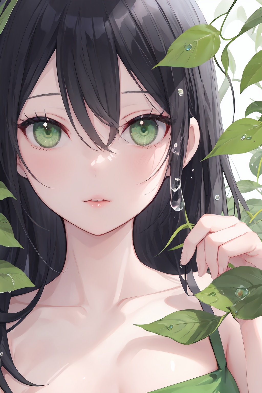 1girl,solo,black hair,green eyes,looking at viewer,parted lips,long hair,leaf,bangs,close-up,water drop,collarbone,hair between eyes,hand up,portrait,bare shoulders,eyelashes,bright eyes,clear eyes,mi-style,