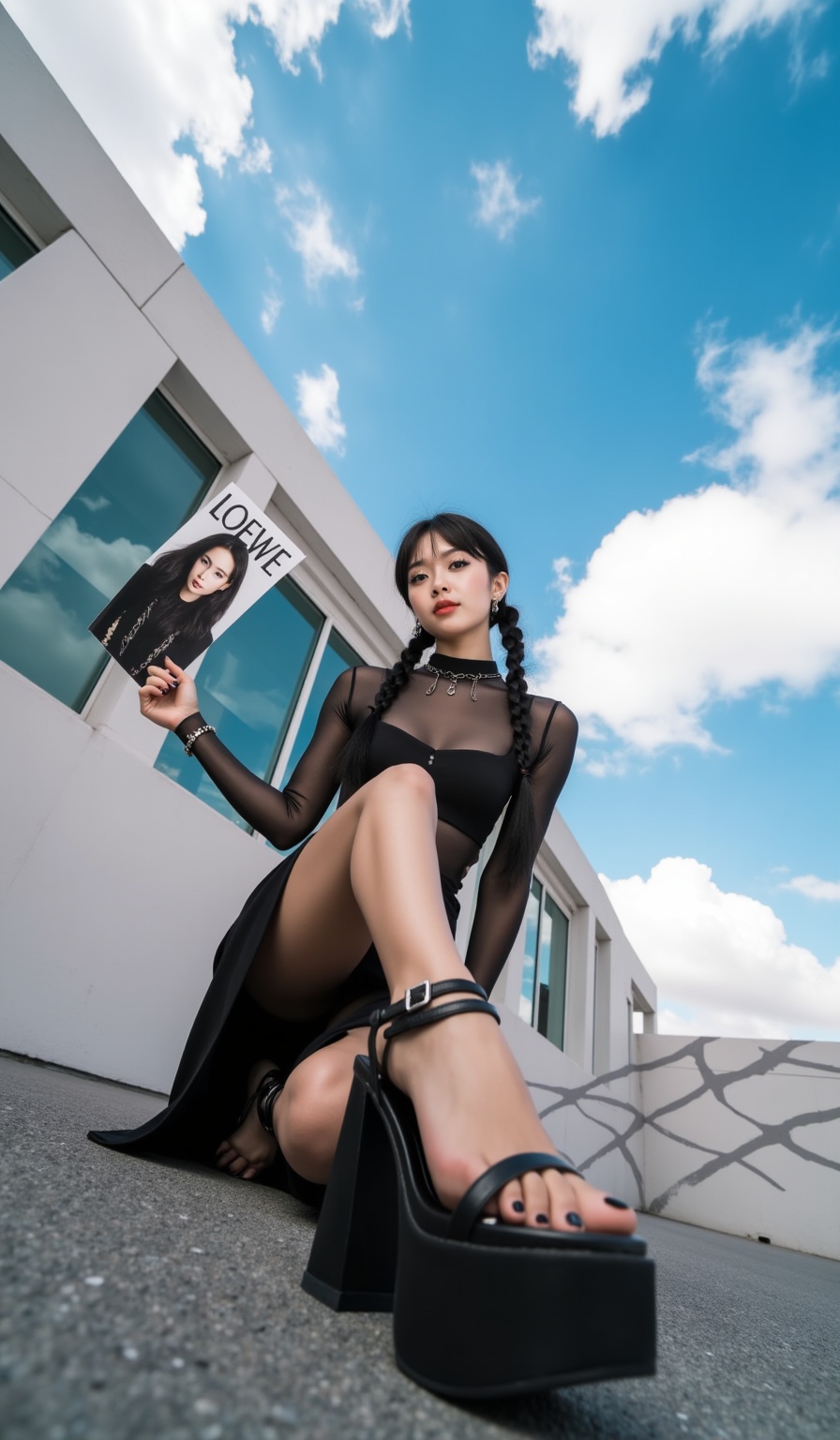 first-person perspective,The photograph features a young East Asian woman with a slender physique and delicate features, posing in an urban setting with a striking, avant-garde aesthetic. She has long, thick, jet-black hair styled in two braided pigtails, and her skin is fair with a porcelain complexion. She wears a sheer, black, long-sleeve top that accentuates her slim frame, paired with a black, high-waisted, long skirt that reveals her legs. Her footwear is a pair of black, high-heeled platform sandals.In her right hand, she holds a magazine with the word "LOEWE" prominently displayed, indicating a brand or fashion theme. Her pose is confident and assertive, with one knee on the ground and her body angled slightly towards the camera, drawing attention to her outfit and the magazine.The background showcases a modern, minimalist architectural structure with large glass windows and a geometric pattern on the wall, suggesting a contemporary building. The sky is vivid blue with scattered, fluffy white clouds, adding a sense of depth and tranquility. The overall composition is dramatic, emphasizing the subject's bold, fashion-forward style against a serene, yet urban backdrop. <lora:特色镜头FLUX:0.7>