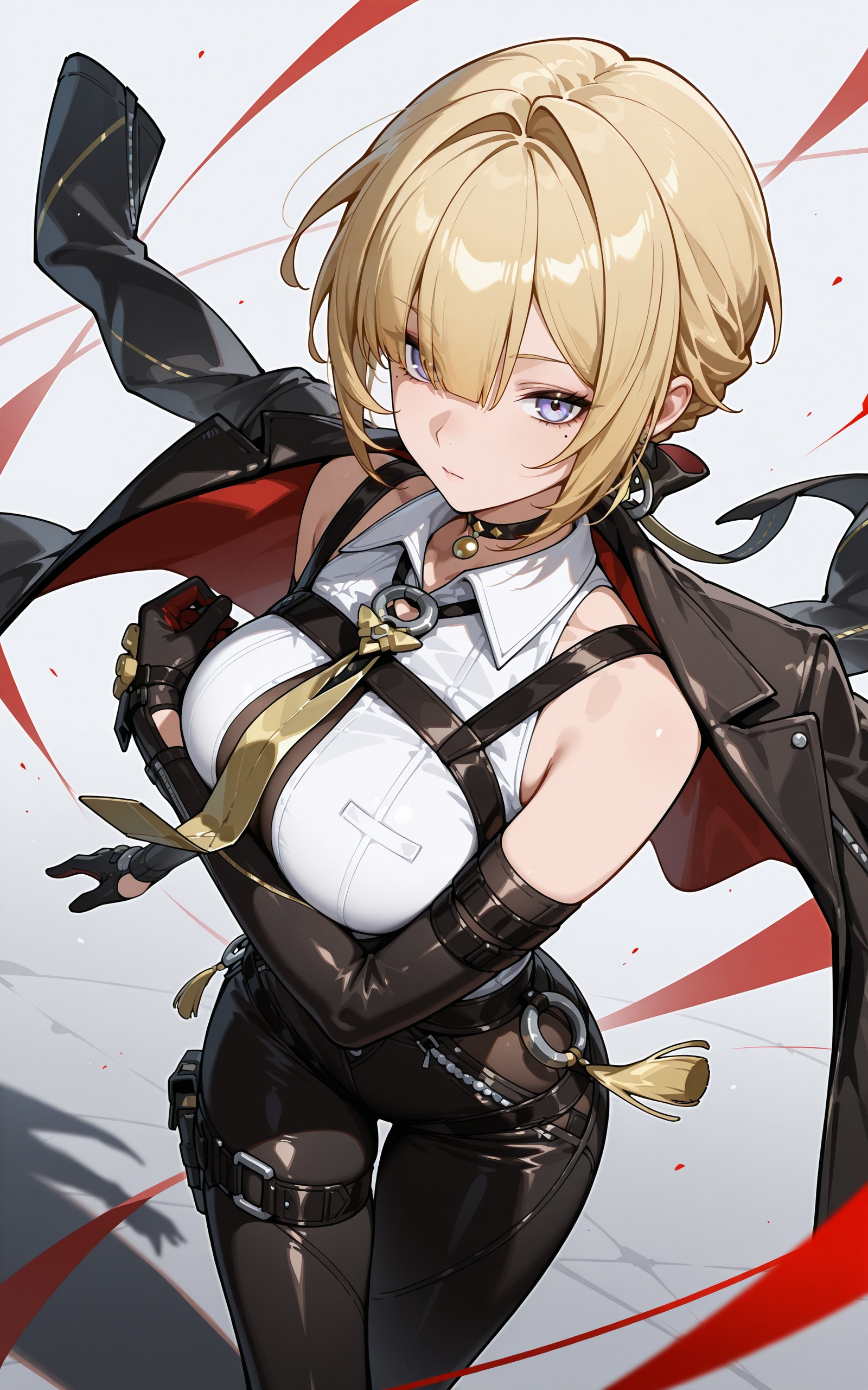 <lora:xl-ill-Evelyn(zenless zone zero)-v1-000010:0.8>,Evelyn\(zenless zone zero\),1girl,solo,mole,blonde hair,mole under eye,choker,short hair,blue eyes,eyes visible through hair,purple eyes,gloves,necktie,harness,black gloves,jacket,pants,jacket on shoulders,black pants,shirt,breasts,chest harness,black jacket,thigh strap,elbow gloves,choker,white shirt,collared shirt,sleeveless,black footwear,