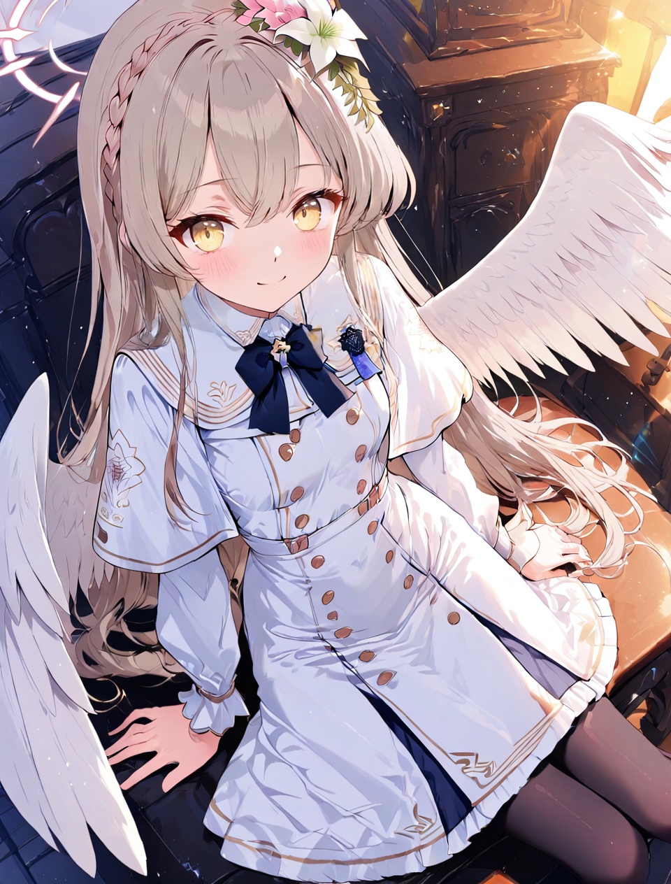 O,nagisa (blue archive),nagisa (blue archive),1girl,solo,flower,halo,pantyhose,hair flower,wings,long hair,hair ornament,looking at viewer,white flower,sitting,smile,long sleeves,capelet,braid,yellow eyes,black pantyhose,white capelet,white wings,closed mouth,bangs,feathered wings,blush,hair between eyes,dress,angel wings,blurry,white dress,feet out of frame,brown hair,blurry background,(UHD),anatomically correct,accurate,textured skin,super detail,high details,award winning,best quality,high quality,retina,HD,16k,1080P,
