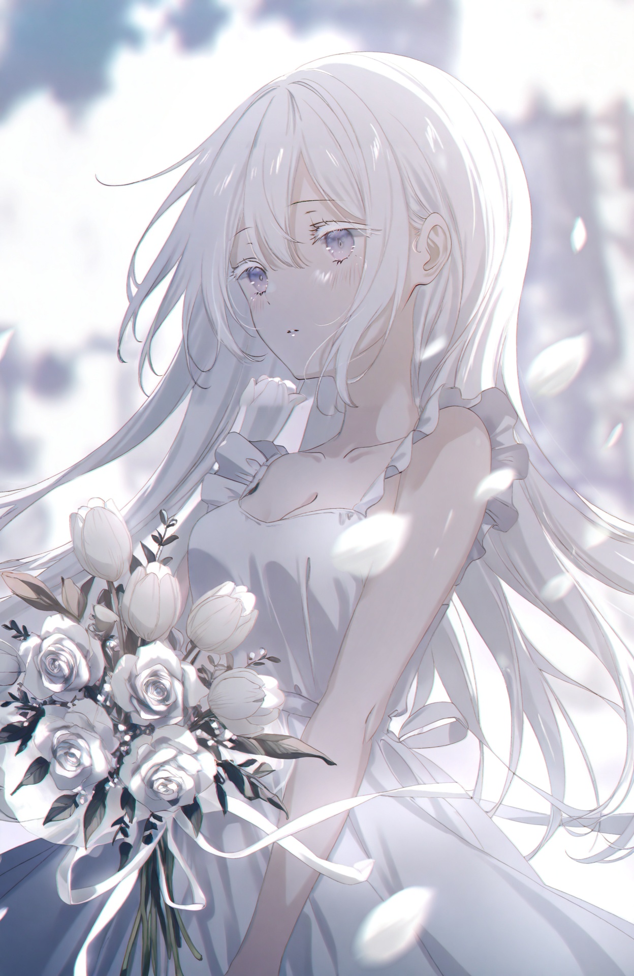 masterpiece,highres,absurdres,newest,best quality,loli,petite,high quality,chromatic_aberration,shiny_skin,//,1girl,solo,colored_eyelashes,flower,long_hair,white_hair,white_theme,bouquet,white_flower,dress,holding,white_dress,white_rose,blurry_background,blurry,holding_bouquet,hair_between_eyes,rose,sleeveless,sleeveless_dress,holding_flower,parted_lips,tulip,white_ribbon,frilled_dress,frills,floating_hair,eyelashes,very_long_hair,petals,bare_arms,upper_body,ribbon,leaf,sidelocks,depth_of_field,outdoors,falling_petals,blush,wind,//,medium breasts,bouncing breasts,cleavage,bare shoulders,//,<lora:aestivation——【CKXL】hans:0.8>,