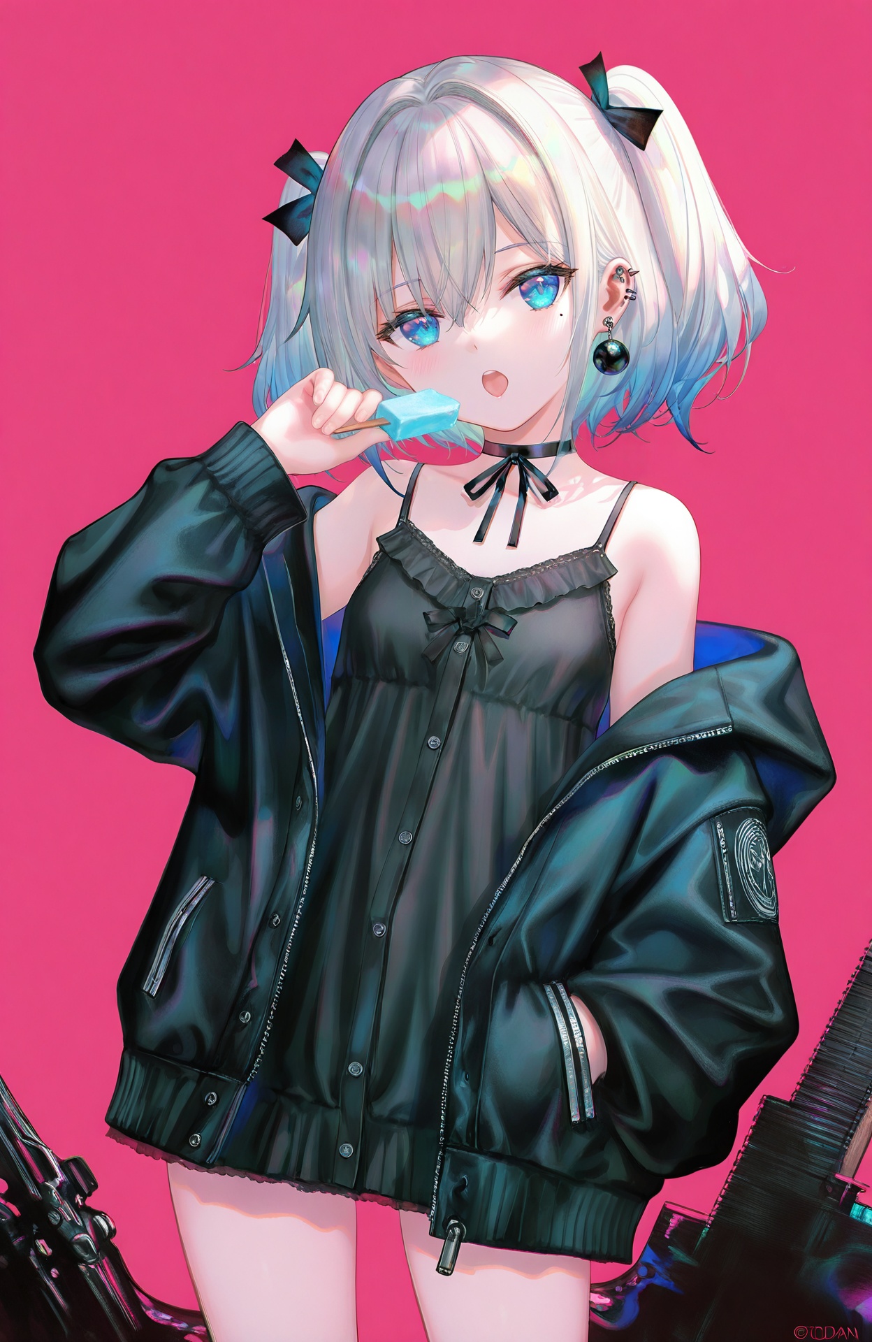masterpiece,highres,absurdres,newest,best quality,high quality,loli,petite,chromatic_aberration,//,1girl, black_jacket, black_ribbon, blue_eyes, choker, ear_piercing, earrings, food, jacket, jewelry, looking_at_viewer, mole, mole_under_eye, neck_ribbon, off_shoulder, open_mouth, piercing, pink_background, red_background, ribbon, solo//,((artist:reoen),(artist:fuzichoco),(artist:atdan),(artist:torino_aqua),[artist:wlop],[artist:ningen_mame],artist:ciloranko,[[artist:rhasta]],artist:tidsean,,