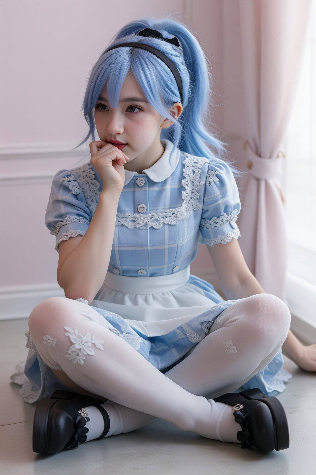 : A young woman with light blue hair styled in a high ponytail and a black headband sits cross-legged on a light gray floo...