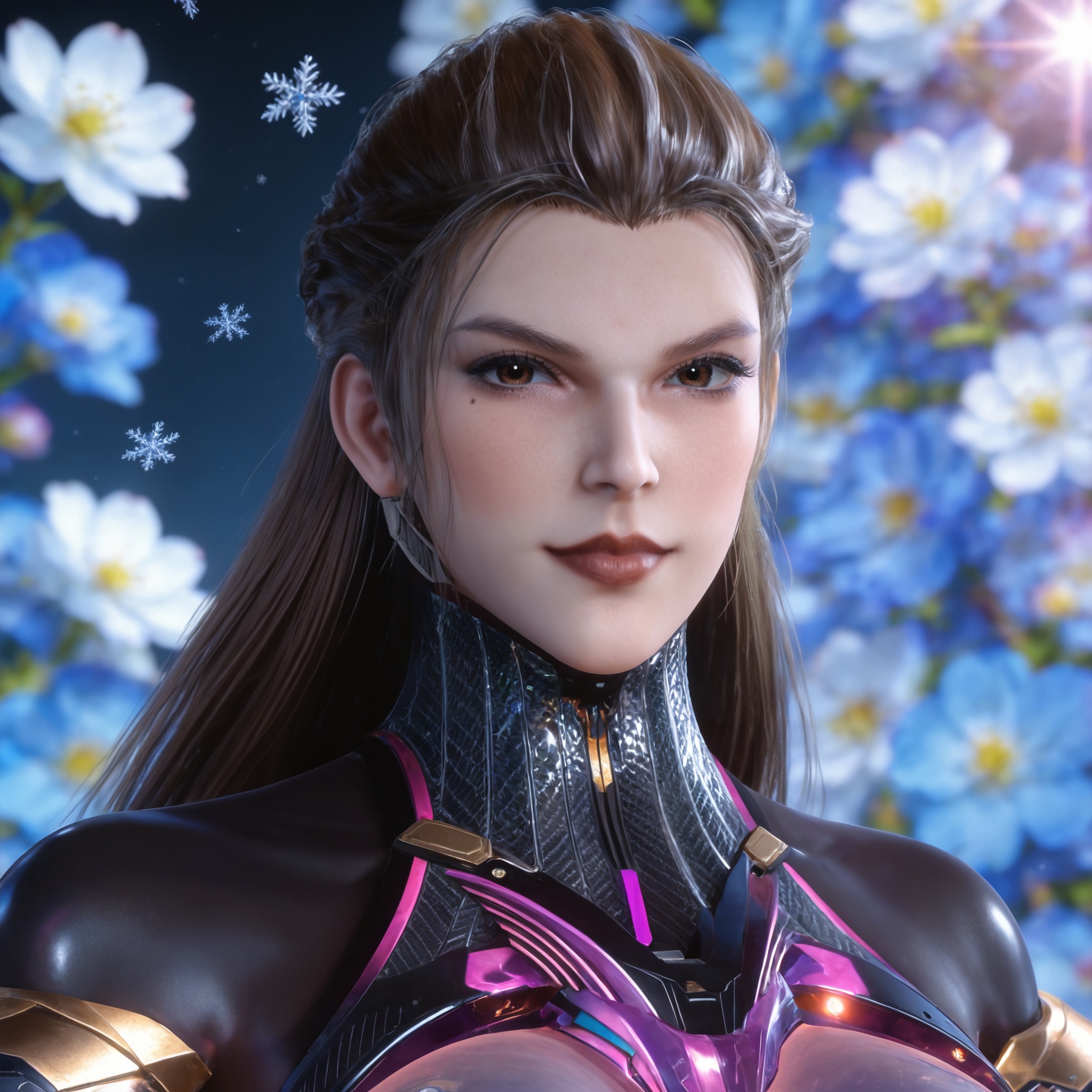 <lora:吞噬星空-妖娆Pony:0.8>,1girl,brown hair,long hair,brown eyes,lips,armor,mole under eye,large breasts,science fiction,robot, mecha, solo,  upper body, blue flower, looking at viewer, snowflakes, closed mouth, branch,, realistic style photo,outstanding style,adding a touch of dimension to your images without compromising details,whirls of vapor,ethereal ambiance,delicate details,magical atmosphere,concept art,highly detailed,ultra-high resolution,32K UHD,sharp focus,best-quality,masterpiece,golden hour,unconventional supreme masterpiece,masterful details,temperate atmosphere,with a high-end texture,in the style of fashion photography,magazine style,Dynamic Angle,Dynamic posture,(cowboy_shot:1.2),depth of field,lens flare,extreme aesthetic,masterpiece,best quality,good quality,newest,year 2025,very aesthetic,absurdres,Visual impact,A shot with tension,ultra-high resolution,32K UHD,sharp focus,best-quality,masterpiece,Emotionalization,unconventional supreme masterpiece,masterful details,temperate atmosphere,with a high-end texture,in the style of fashion photography,(Visual impact:1.2),giving the poster a dynamic and visually striking appearance,