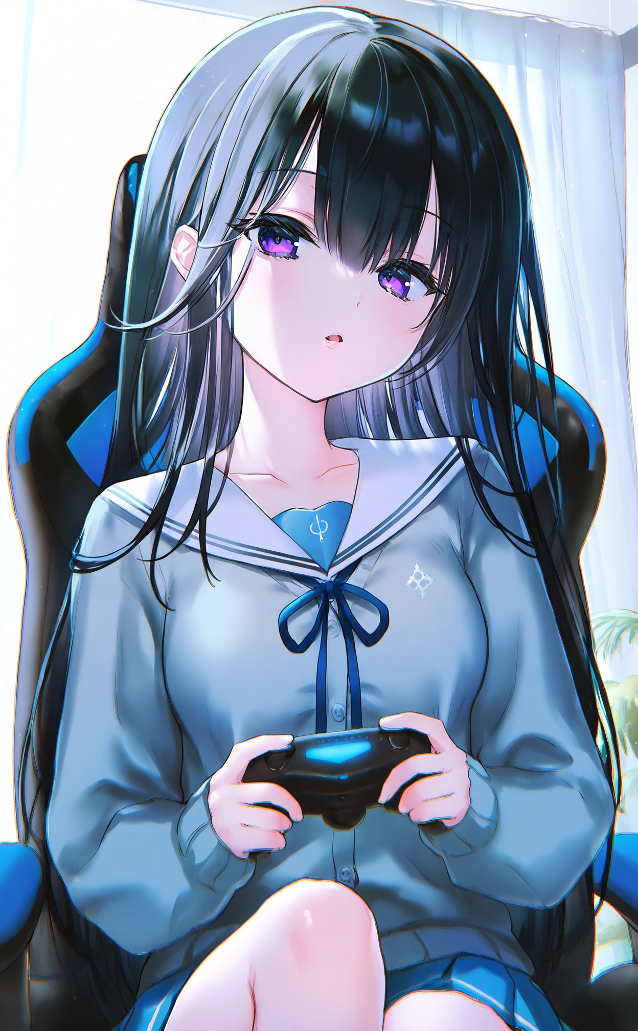 masterpiece,highres,absurdres,newest,best quality,loli,petite,high quality,chromatic_aberration,shiny_skin,//,1girl, holding_controller, solo, controller, black_hair, game_controller, holding_game_controller, purple_eyes, long_hair, playstation_controller, swivel_chair, school_uniform, holding, sailor_collar, gaming_chair, sitting, looking_at_viewer, curtains, chair, gamepad, blue_ribbon, long_sleeves, ribbon, skirt, parted_lips, cardigan, serafuku, breasts, white_sailor_collar, indoors, collarbone, blue_skirt, on_chair, neck_ribbon, hair_between_eyes, medium_breasts, pleated_skirt, office_chair, shirt, window, playing_games, open_mouth//,<lora:nekoyashiki_pushio——【noob】hans:1>,