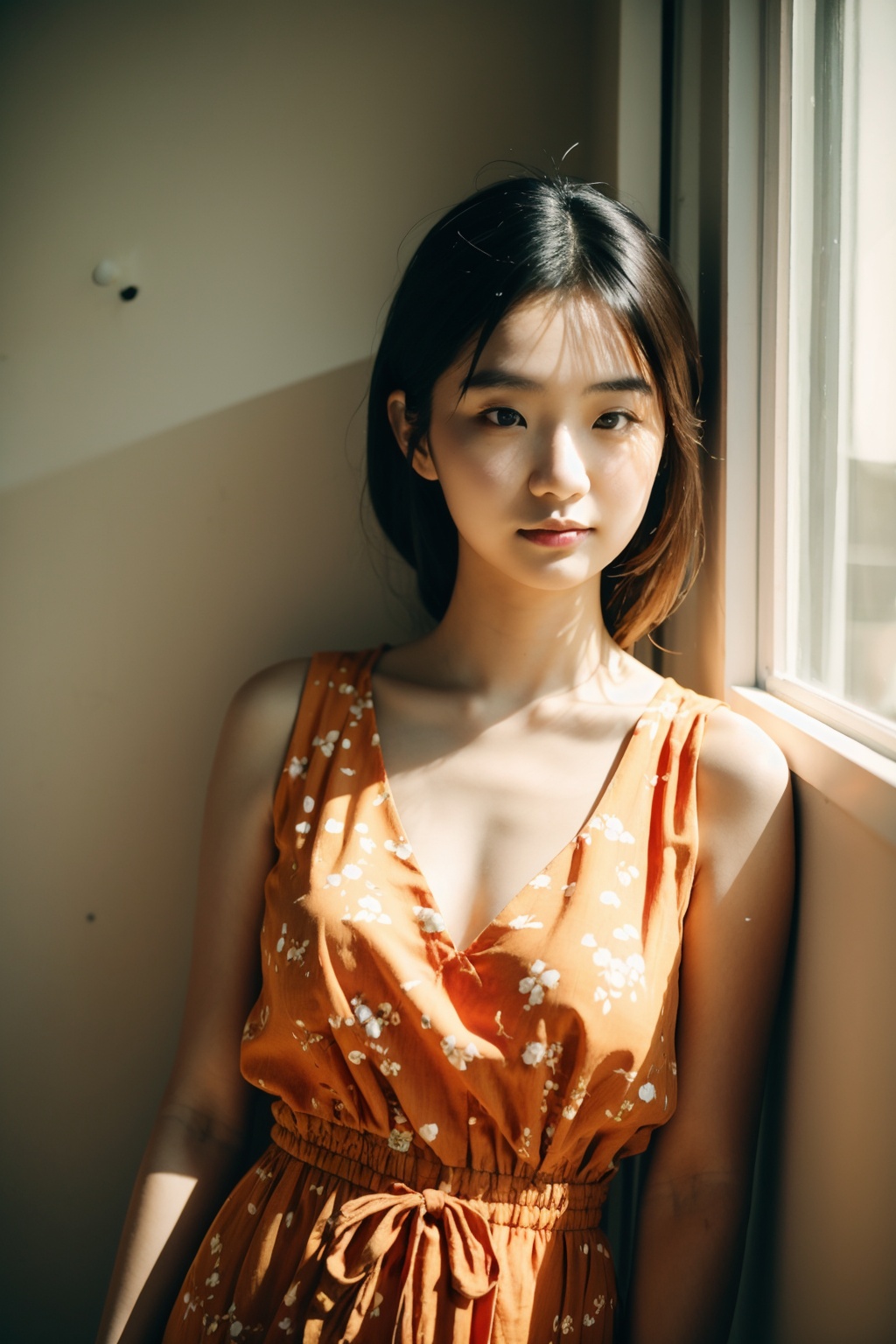 Camera film style,1girl,a asians young woman,possibly in her twenties,standing near a window. She is wearing an orange top with a floral pattern and a white dress. The sunlight illuminates her face,casting a warm glow. She has her eyes closed,possibly enjoying the sunlight or lost in thought. The setting appears to be indoors,with wooden furniture visible in the background,, masterpiece,best quality,