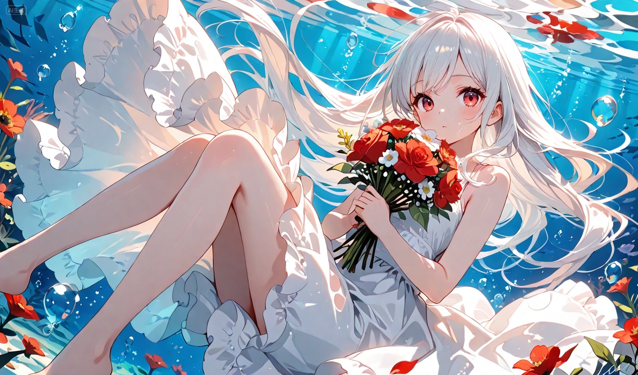 O,1girl, flower, red eyes, dress, solo, long hair, white hair, bouquet, white dress, looking at viewer, bubble, holding, signature, underwater, Negative prompt: ((nsfw)),sketches,tattoo,(beard:1.3),(EasyNegative:1.3),badhandv4,(Teeth:1.3),(worst quality:2),(low quality:2),(normal quality:2),lowers,normal quality,facing away,looking away,text,error,extradigit,fewerdigits,cropped,jpegartifacts,signature,watermark,username,blurry,skinspots,acnes,skinblemishes,badanatomy,fat,bad feet,cropped,poorly drawn hands,poorly drawn face,mutation,deformed,tilted head.bad anatomy.bad hands,extra fingers,fewer digits.,extra limbs.extra arms,extra legs,malformed limbs.fused fingers.,too many fingers,long neck,cross-eyed,mutated hands,bad body,bad proportions,gross proportions,text,error,missing fingers,missing arms,missing legs,extra digit,extra arms,extra leg,extra foot,missing fingers,nsfw,,nsfw, Steps: 25, Sampler: DPM++ 2M Karras, CFG scale: 7.0, Image CFG scale: 1.5, Seed: 282215021, Size: 1280x752, Model hash: 9fefdb2c24, Model: 我大多数_1.0.safetensors, Denoising strength: 0.4, Clip skip: 2, RNG: CPU, Mask blur: 4, Lora 1: 动漫二次元眼睛刻画（基础XL）, Lora Hash 1: 488bf17588, Lora Weight 1: 0.8, Lora 2: 二次元厚涂风格模型, Lora Hash 2: 571eba0c12, Lora Weight 2: 0.6, Lora 3: 二次元动漫细节加强, Lora Hash 3: 600d97257e, Lora Weight 3: 0.3, Lora 4: Xian-T手部修复lora（不用controlnet也不坏手了）, Lora Hash 4: 4ec9e988a2, Lora Weight 4: 1.0, Lora 5: 润光A, Lora Hash 5: 93bf4ab238, Lora Weight 5: 0.2, vae_name: automatic