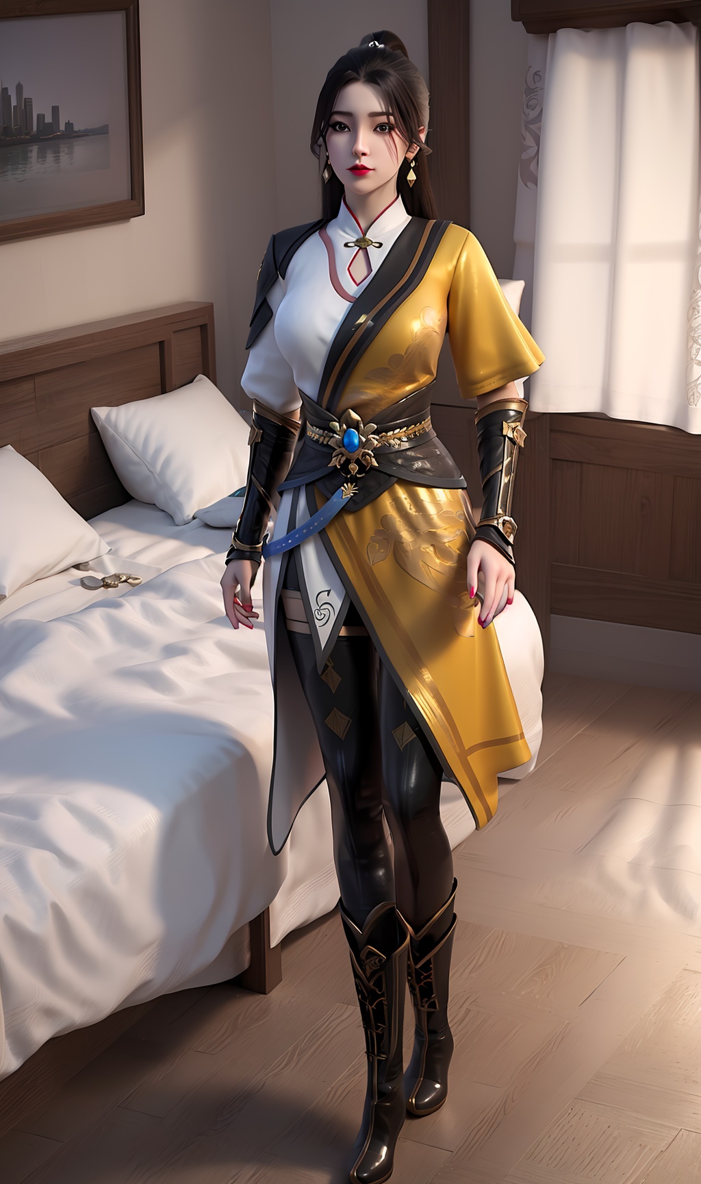 3D,masterpiece,(best quality),(makeup),official art, extremely detailed cg 8k wallpaper,((crystalstexture skin)), (extremely delicate and beautiful),(highly detailed),(face),(ponytail),(1girl), (solo), (jewelry), (earrings),(black_hair),(long_hair),(hair_ornament),(handwear),(breasts),(standing),((full_body,whole_body)),(long_legs),(dress),(closed_mouth),(short_skirt),(chinese_clothes),(multicolored_clothes),(multicolored_dress),(shiny_clothes),(city,indoor,bed),(wristband),,(tight_pants:1.000),(sash:1.000),(leggings:1.000),(pantyhose:1.000),(robe:1.000),(pantyhose:1.000),,((looking_at_viewer)),((Facing the camera)),(boots), (knee_boots),(high_heel_boots), , <lora:hipoly3DModelLora_v10:0.3>