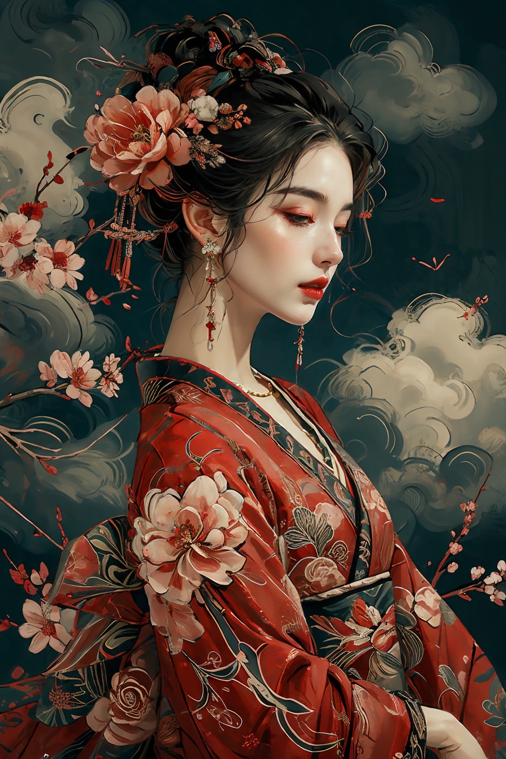 <lora:gongbi1.2-000006:0.8>,1girl, solo, jewelry, flower, hair ornament, earrings, black hair, kimono, makeup, japanese clothes, hair flower, sash, eyeshadow, red lips, necklace, red kimono, upper body, pointy ears, obi, peony \(flower\), lipstick, branch, floral print, half-closed eyes, kanzashi, pink flower, parted lips, pale skin,gongbi, masterpiece,best quality,highres,8k uhd,