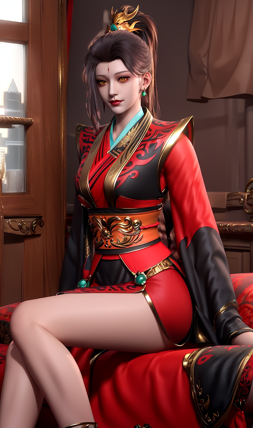 3D,masterpiece,(best quality),(makeup),official art, extremely detailed cg 8k wallpaper,((crystalstexture skin)), (extremely delicate and beautiful),(highly detailed),(face),headpiece,(collar),(ponytail),(tiara),(closed_mouth),(1girl), (solo), (jewelry), (earrings),(brown_hair),(long_hair),(hair_ornament),(handwear),(breasts),((sitting)),((upper_body)),(dress),(skirt),(multicolored_clothes),(multicolored_dress),(shiny_clothes),(city,indoor,bed),(long_legs),(sash),(shorts),,((looking_at_viewer)),((Facing the camera)),(gold_trim),, <lora:hipoly3DModelLora_v10:0.3>