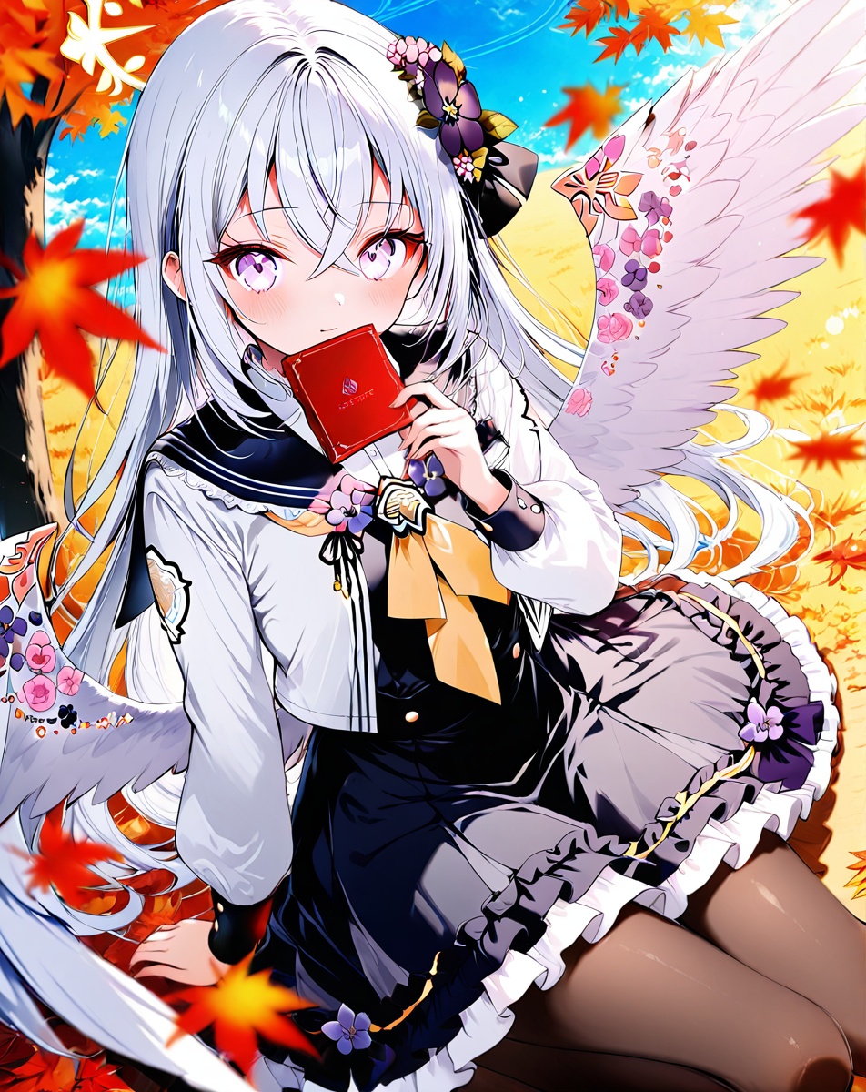 azusa (blue archive),Noyu,1girl, solo, azusa (blue archive), halo, hair ornament, long hair, hair flower, wings, flower, white hair, looking at viewer, school uniform, hair between eyes, leaf, pantyhose, long sleeves, blurry background, bangs, blurry, skirt, autumn leaves, purple eyes, black sailor collar, frills, pink eyes, feathered wings, blush, frilled skirt, outdoors, sailor collar, holding,(UHD),anatomically correct,ccurate,textured skin,super detail,high details,award winning,best quality,high quality,retina,16k,HD,1080P,8k,