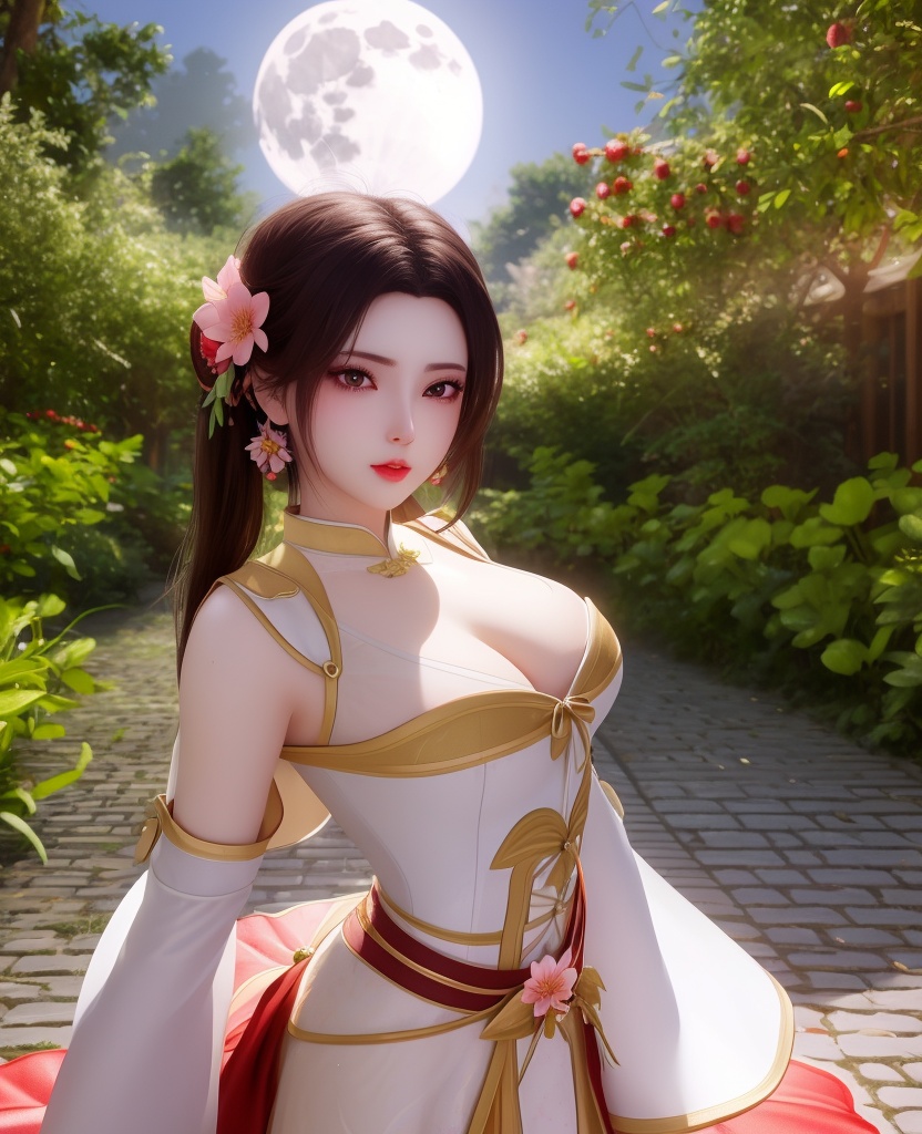 <lora:614-DA-炼气十万年-朴灵儿:0.8>(,1girl, ,best quality, ),looking at viewer,  ,ultra detailed background,ultra detailed background,ultra realistic 8k cg, , ,masterpiece, (( , )),, ultra realistic 8k cg, ,      ,lily \(flower\) ,full moon ,strawberry blossoms      (cleavage), (),