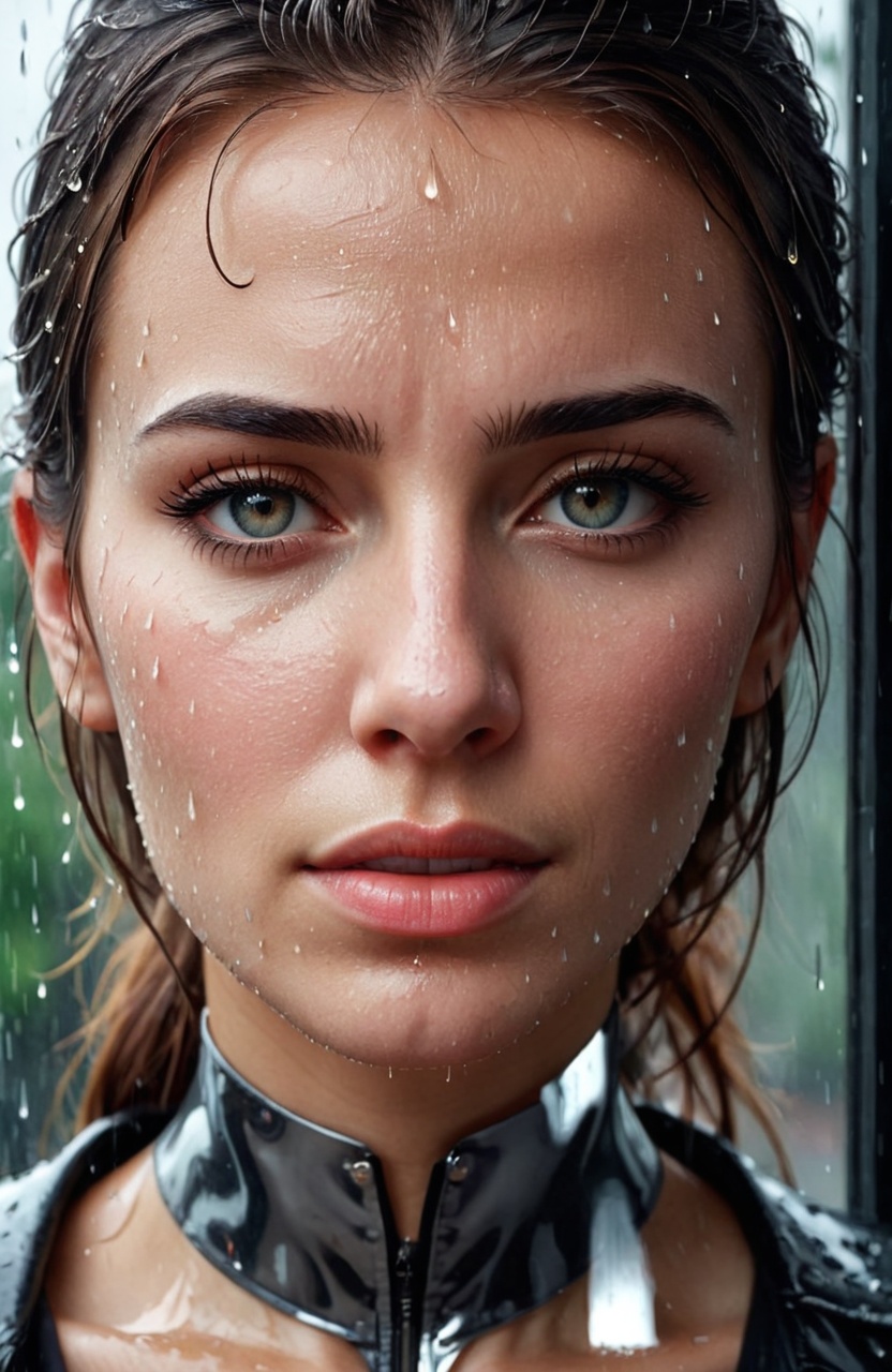 Renaissance style Hyperrealistic art a woman standing in front of a window covered in rain,  rain drops on face,  raining...