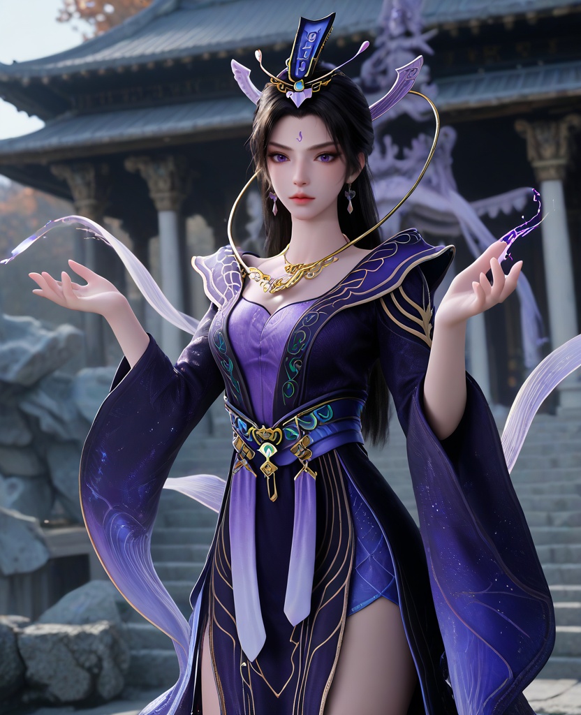 (oriental architecture, elegant decor, sophisticated style:1.1),(jojo pose:1.1),(breasts:1.2),<lora:XL16遮天紫府圣女紫霞:0.95>,miss zixia,atropurpureus dress,violet camisole,blue violet petticoat,amaranth eyes,forehead mark,black hair,very long hair,half-up crown ponytail,hair ornament,necklace,earrings,sash,wide sleeves,silk shawl,pelvic curtain,, score_9,score_8_up,score_7_up,score_6_up,score_5_up,score_4_up,3d rendering,tag1,tag2, Cinematic Lighting,backlighting,