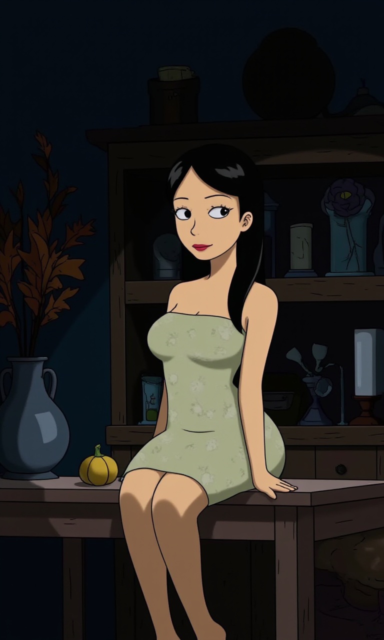 an East Asian woman with long, straight black hair and fair skin. She is seated on a wooden table, her body angled towards the camera, with one leg bent and the other extended. She wears a strapless, form-fitting dress in a soft pastel color with a subtle floral pattern. The dress accentuates her slender physique and small breasts. Her expression is calm and slightly pensive, with her eyes gazing directly at the camera.blue theme ,old color tone,cold,In her right hand, she holds a small, round, yellow gourd. The background is dimly lit, with a dark wooden shelf filled with various items, including a candle and a vase with dried flowers, adding a rustic, cozy atmosphere to the scene. To the left, there is a large, metal vase containing autumnal foliage in shades of orange and brown, contributing to the seasonal feel of the setting. The table she sits on has a smooth, polished finish, and the texture of the wood is evident. The overall mood of the photograph is serene and intimate, with a focus on natural beauty and simple elegance.This is a high-definition cartoon-style image. "The Simpsons.", <lora:辛普森v2:1>,